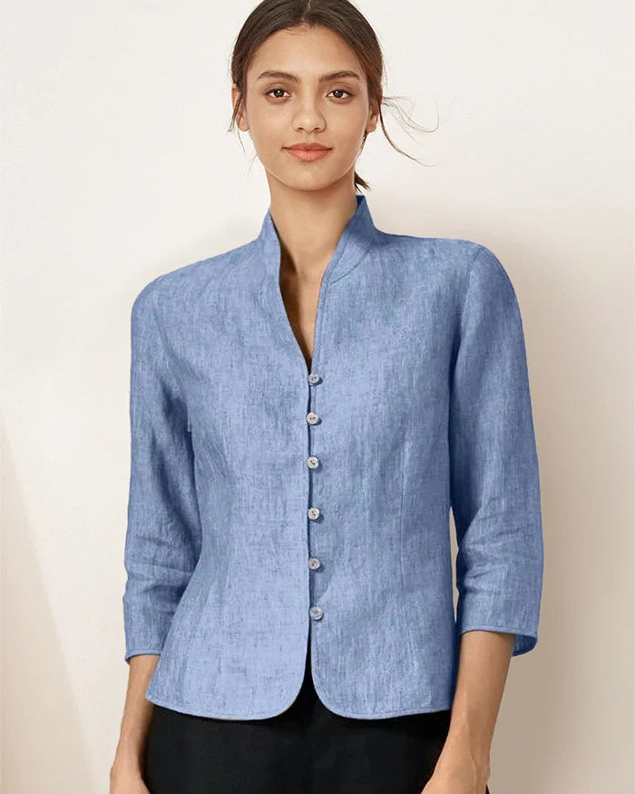 100% Linen Hand Button Fitted Jacket AMELIA - Powder Blue / M - TOPS-Linen Jackets