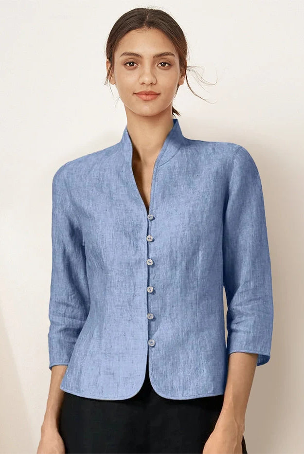 100% Linen Hand Button Fitted Jacket AMELIA - Powder Blue / M - TOPS-Linen Jackets