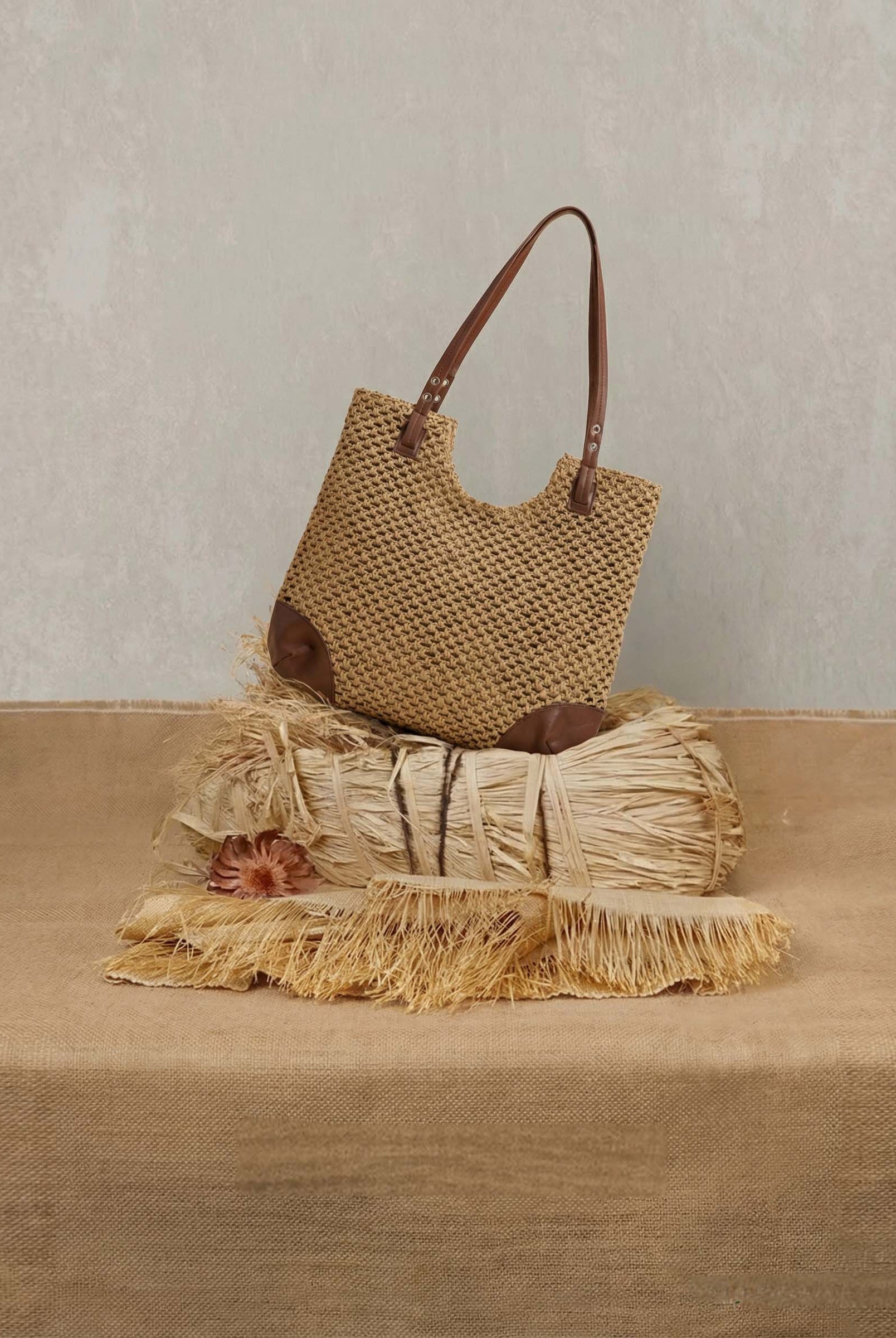 Woven Hollow-Out Shoulder Tote Bag by LINTICO for women