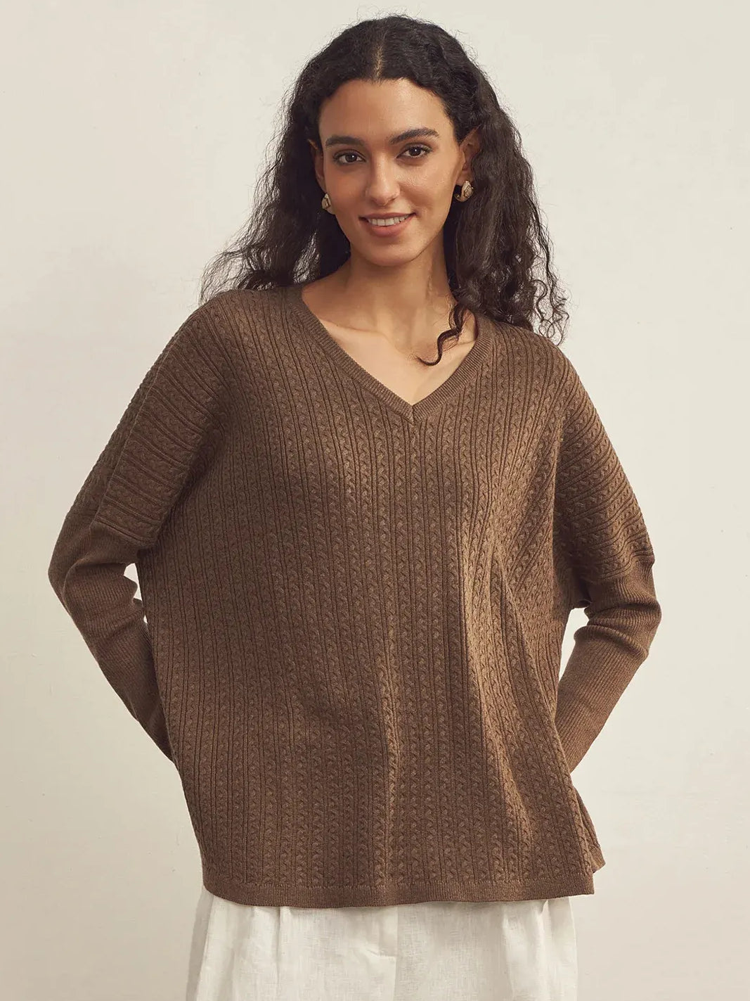 Cashmere V-Neck Textured Oversized Sweater With Asymmetrical Structural Design