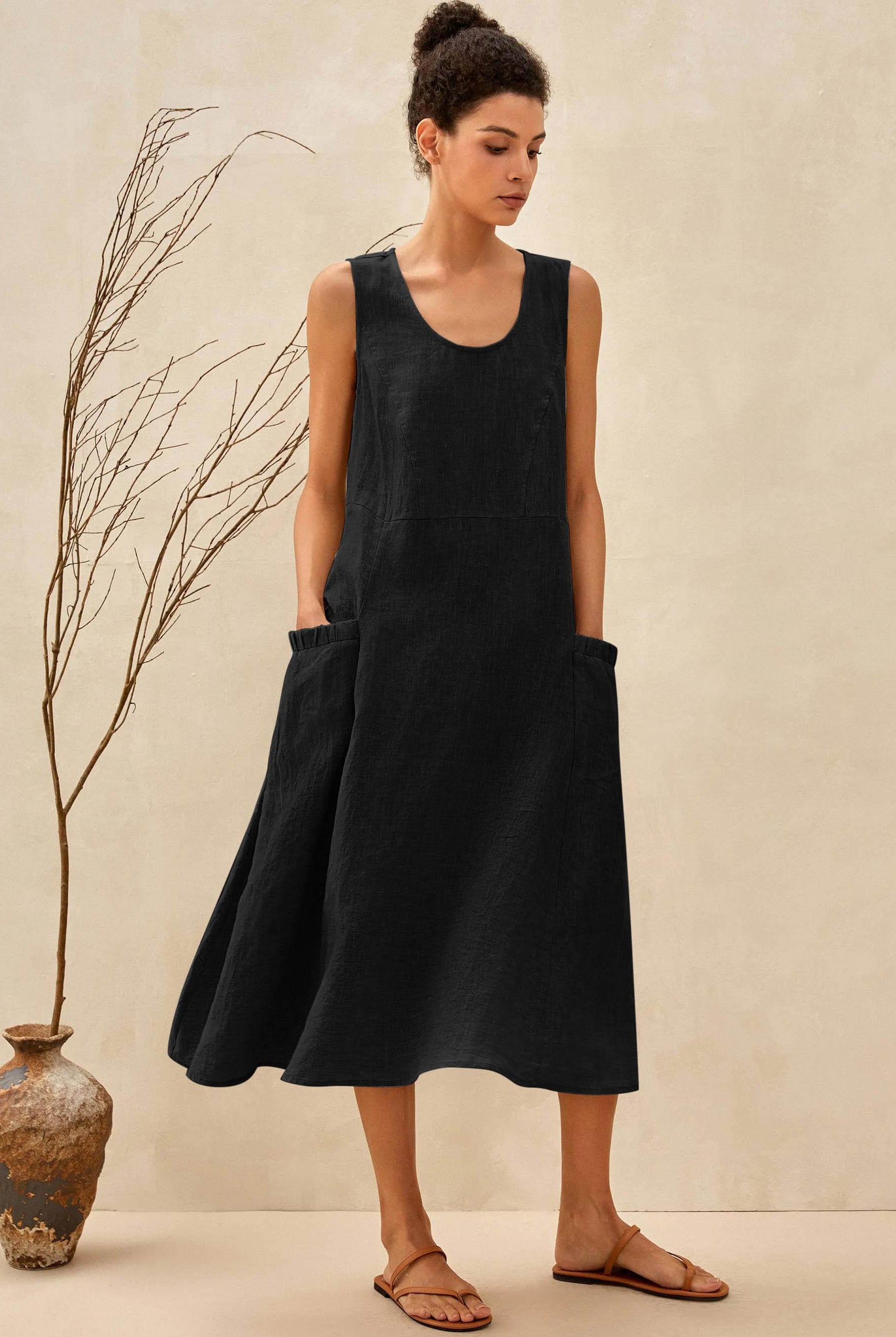 100% Linen Swing Beach Tank Dress GIANA - DRESSES-Linen Midi