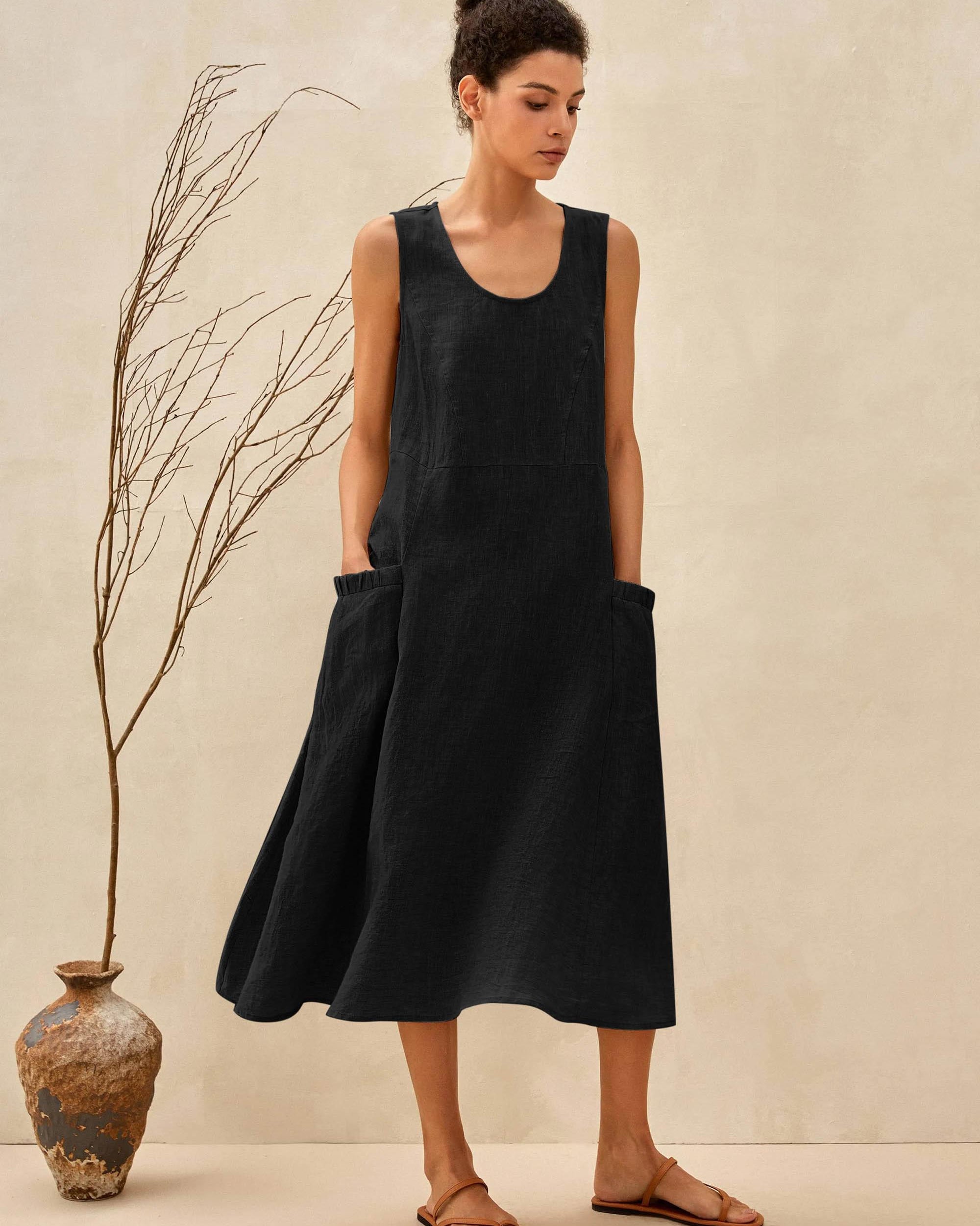 100% Linen Swing Beach Tank Dress GIANA - DRESSES-Linen Midi