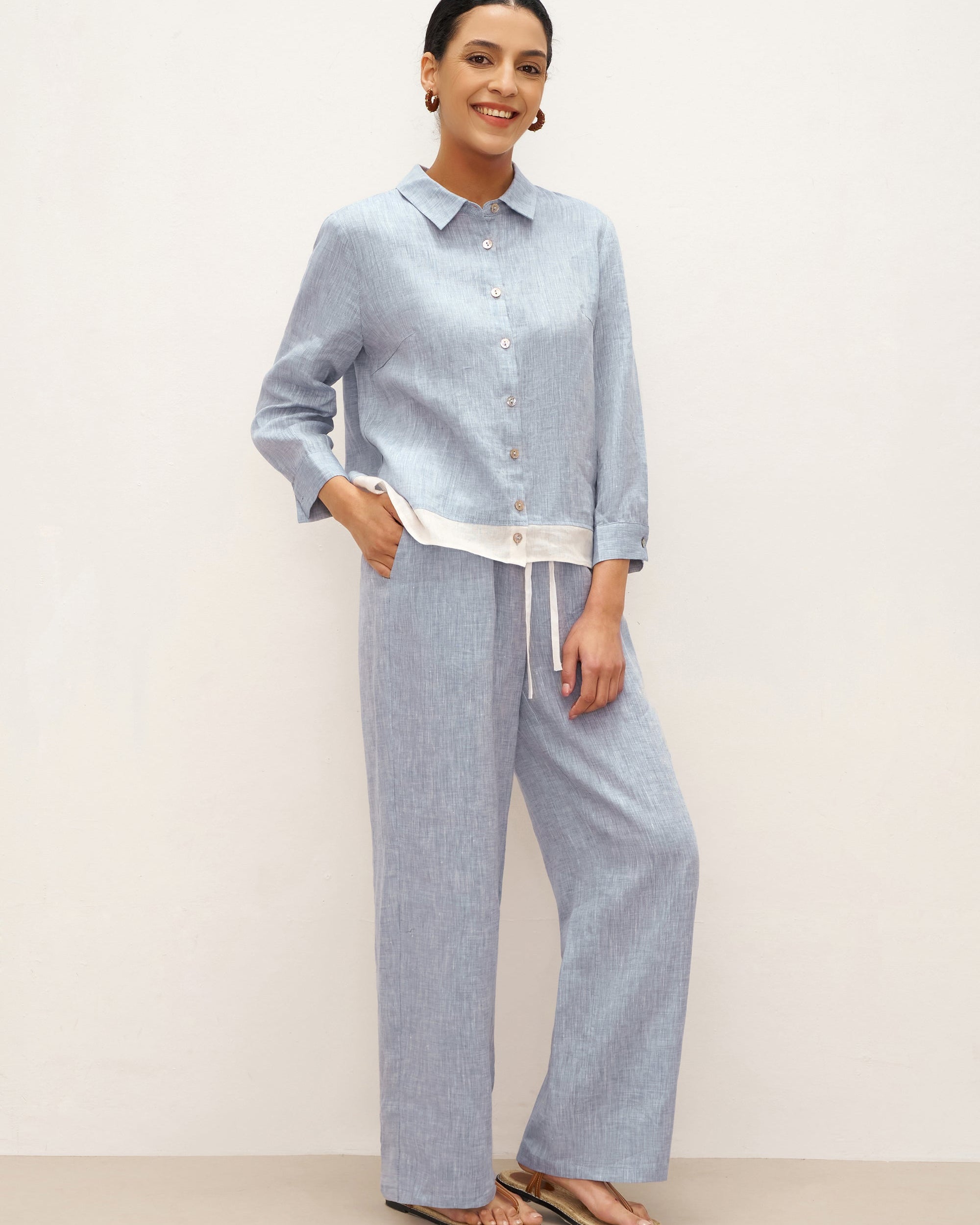 100% Linen Buttoned Closure Color-Blocked Shirt JANICE - TOPS-Linen Blouses