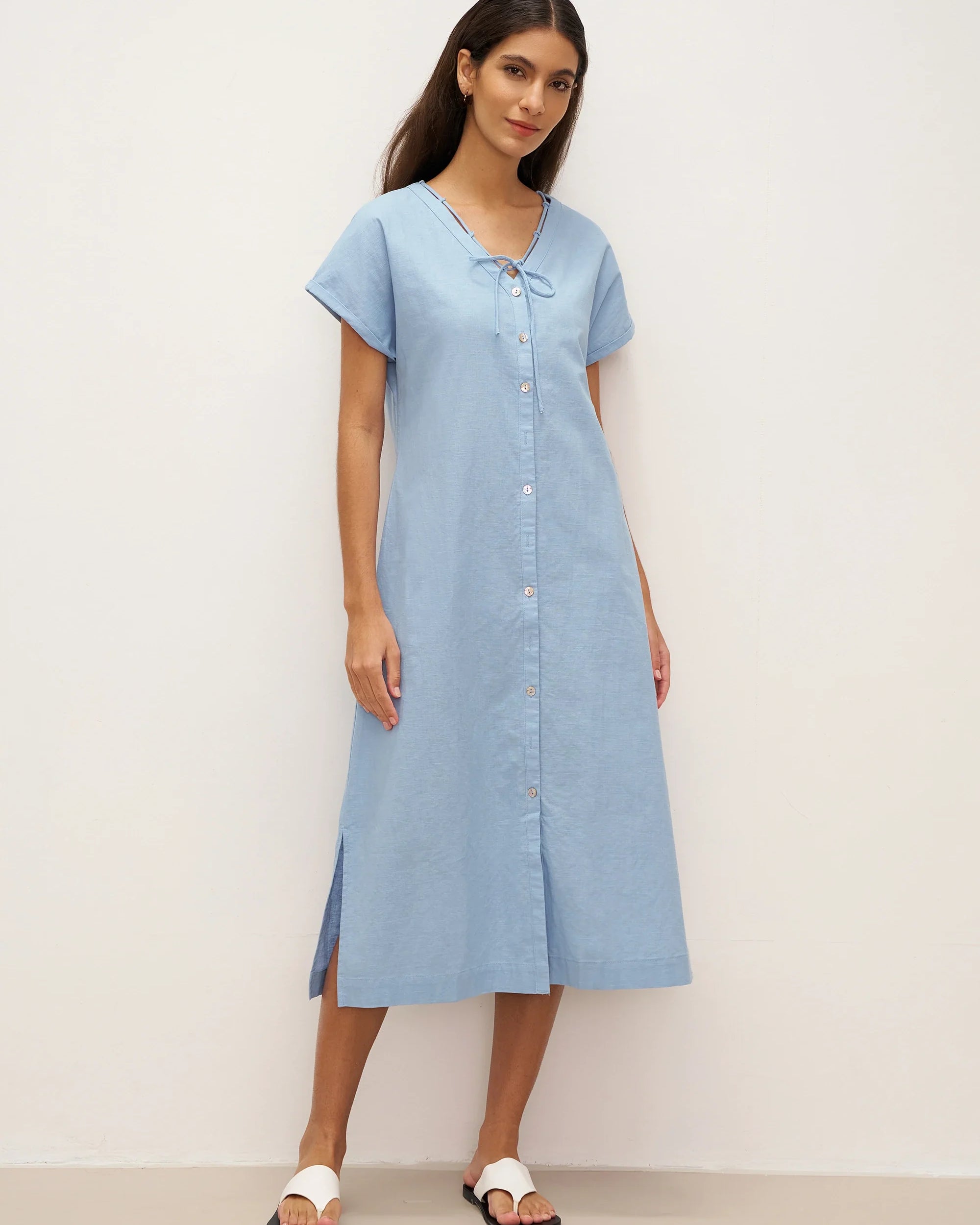 Linen Ladder Tie Simple Dress - Powder Blue / S - DRESSES-Linen Maxi