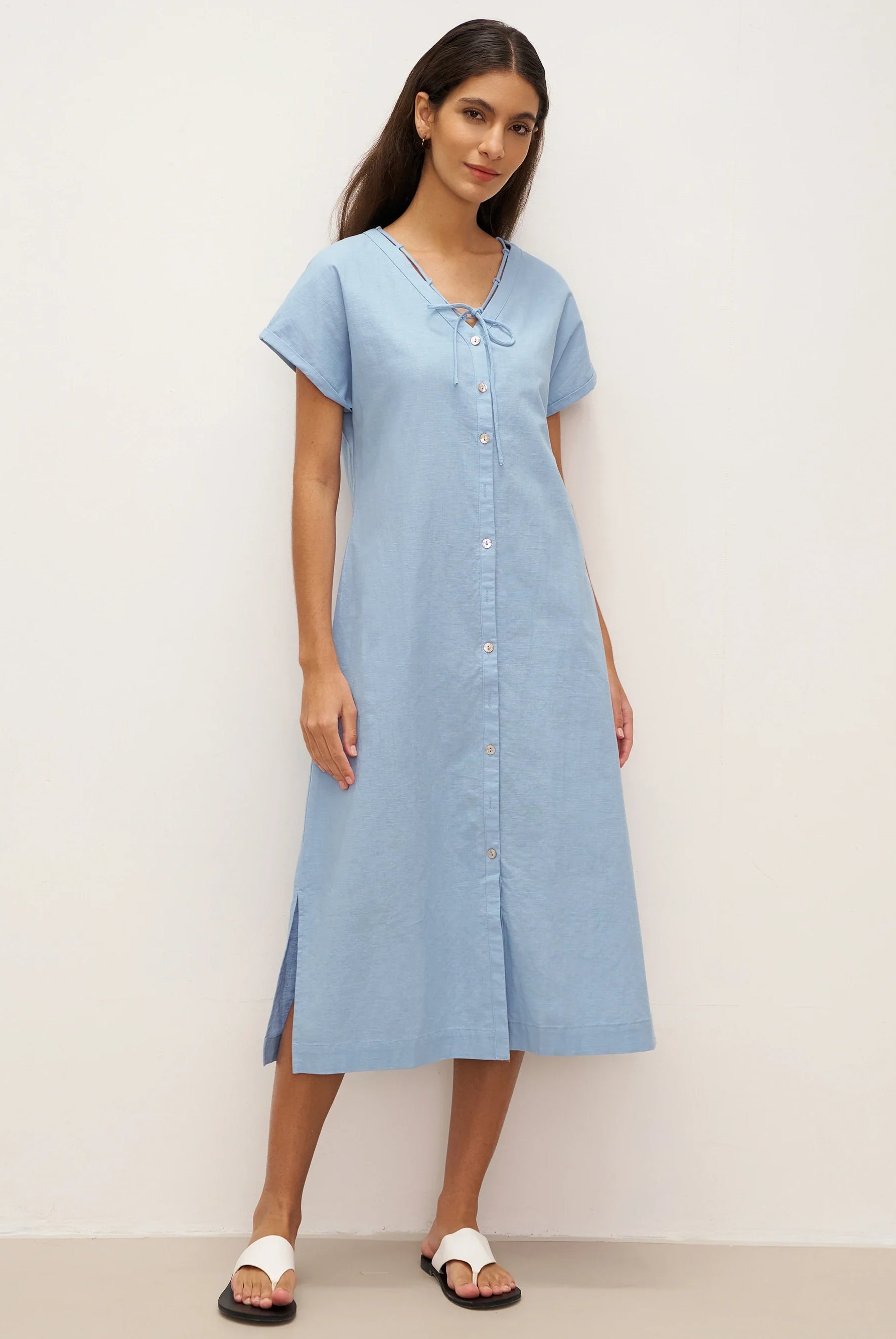 Linen Ladder Tie Simple Dress - Powder Blue / S - DRESSES-Linen Maxi
