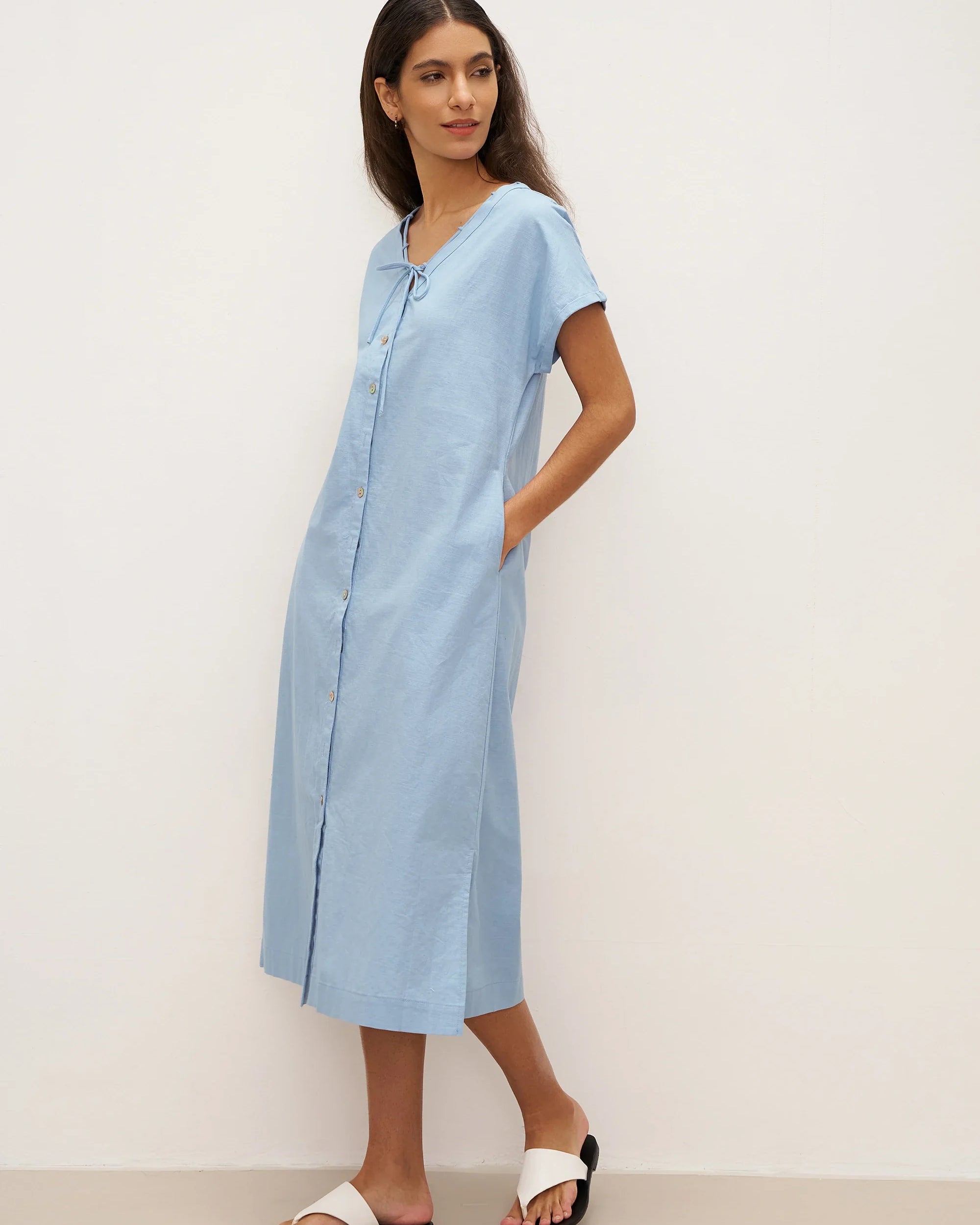 Linen Ladder Tie Simple Dress - DRESSES-Linen Maxi