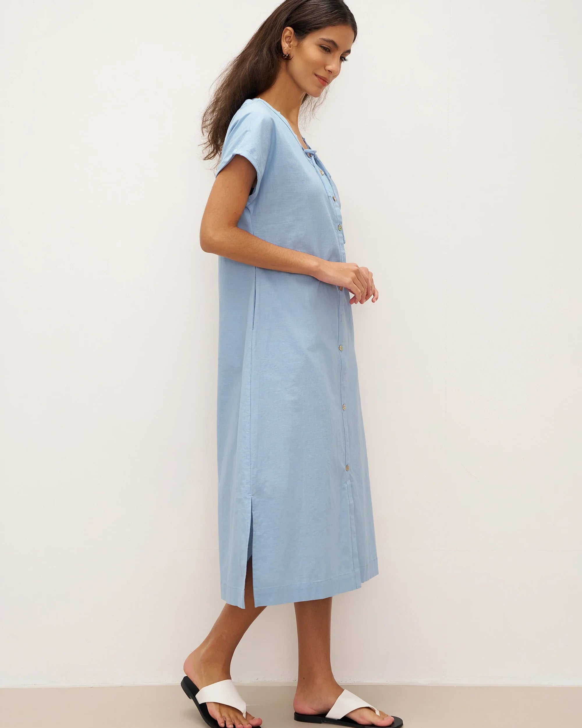Linen Ladder Tie Simple Dress - DRESSES-Linen Maxi