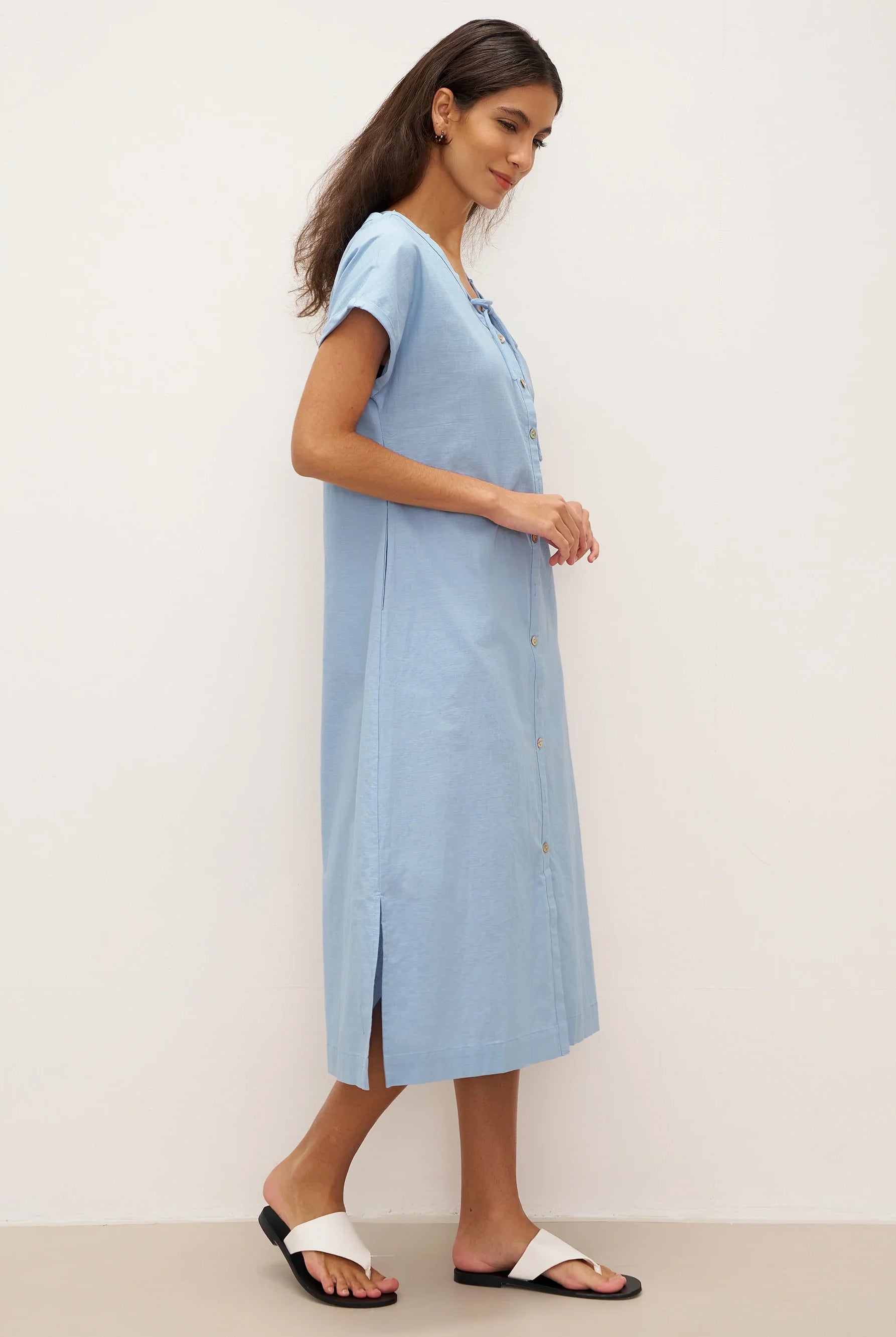 Linen Ladder Tie Simple Dress - DRESSES-Linen Maxi