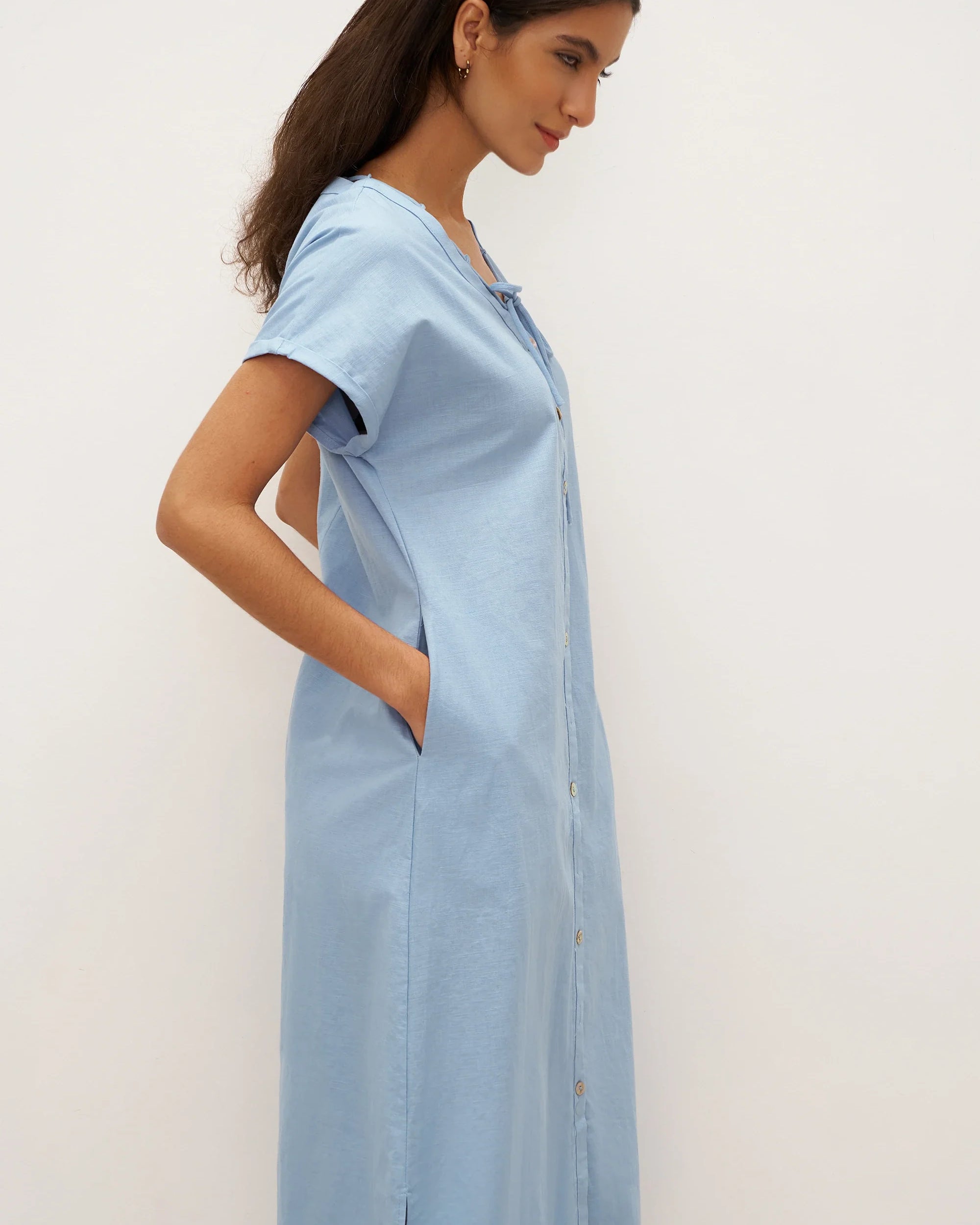 Linen Ladder Tie Simple Dress - DRESSES-Linen Maxi