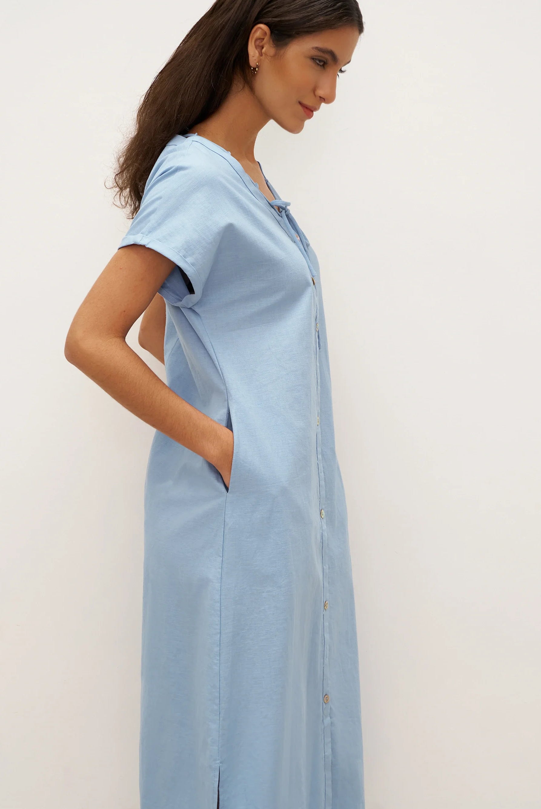 Linen Ladder Tie Simple Dress - DRESSES-Linen Maxi