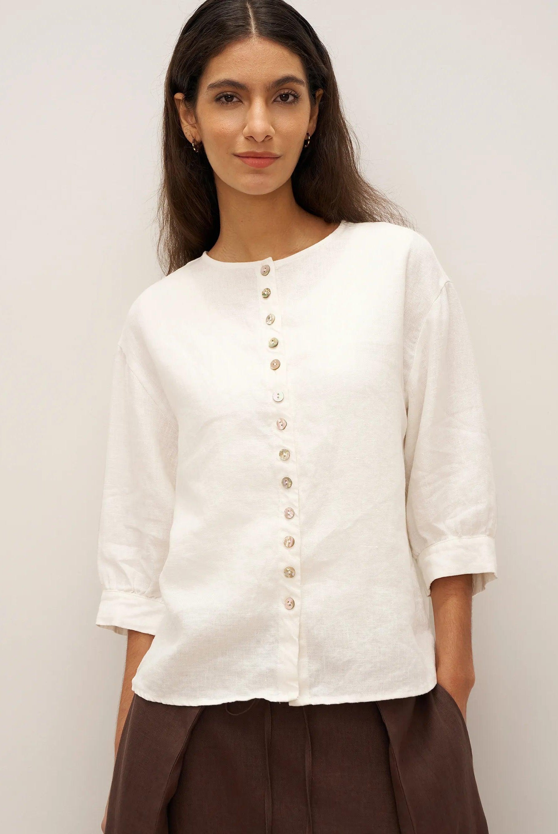 100% Linen Button-Front Drop Shoulder Shirt EASTER - Optic White / S - TOPS-Linen Button Down Shirts