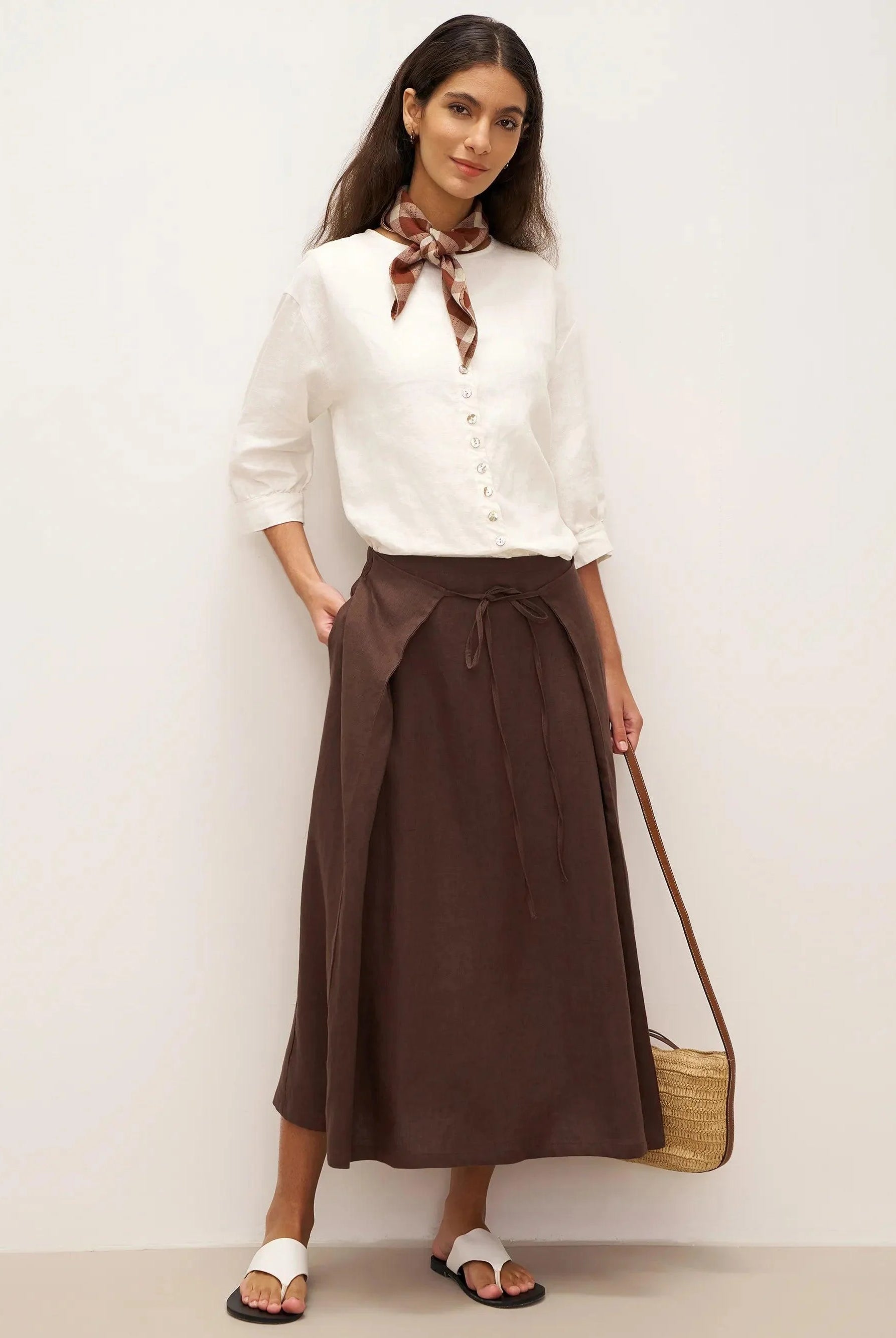 100% Linen Tie-Waist Wrapped A-Line Skirt EMILIE—Two-Way Wear - BOTTOMS-Linen Skirts