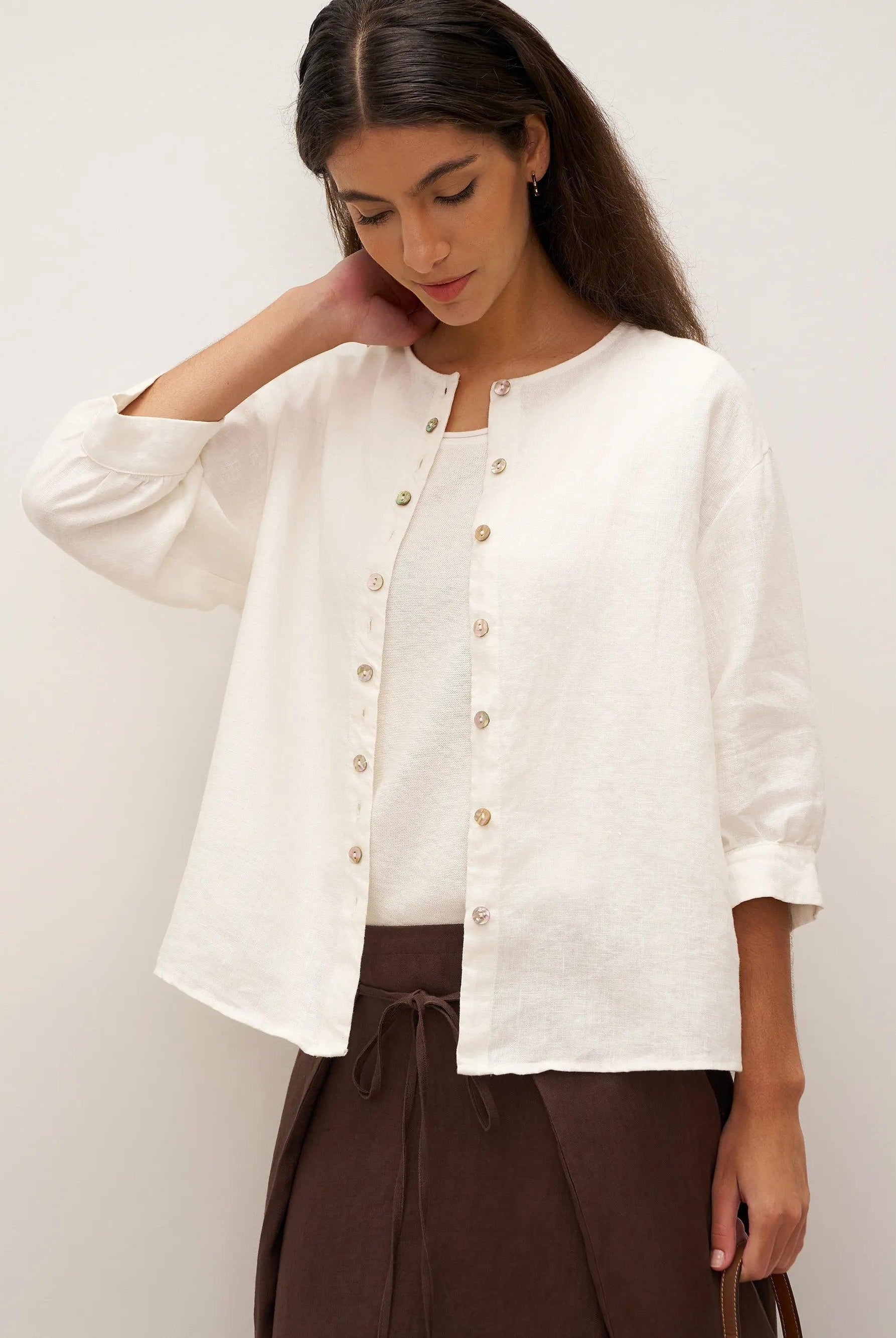 100% Linen Button-Front Drop Shoulder Shirt EASTER - TOPS-Linen Button Down Shirts