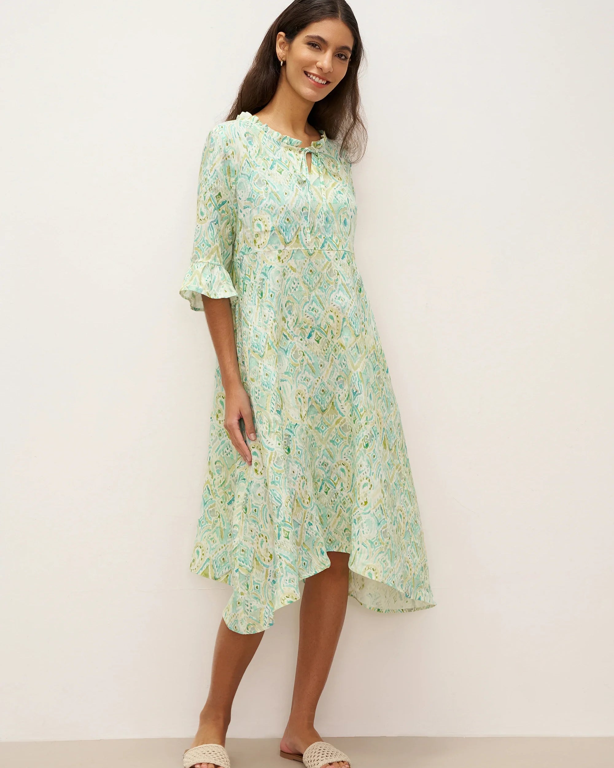 100% Linen A-Line Ruffled Collar Tie-Neck Midi Dress LIVIA - DRESSES-Linen