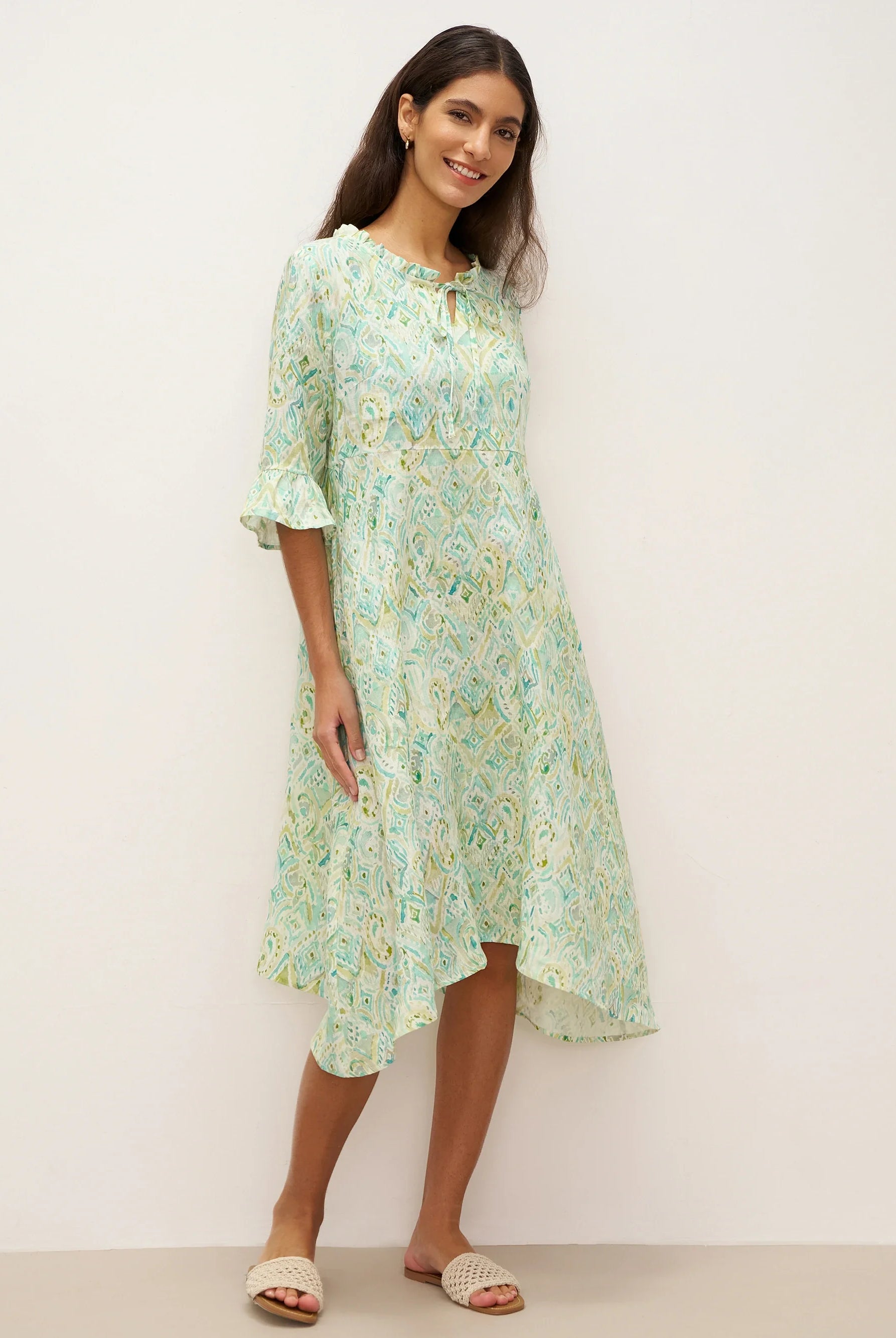 100% Linen A-Line Ruffled Collar Tie-Neck Midi Dress LIVIA - DRESSES-Linen