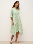 100% Linen A-Line Ruffled Collar Tie-Neck Midi Dress LIVIA - DRESSES-Linen