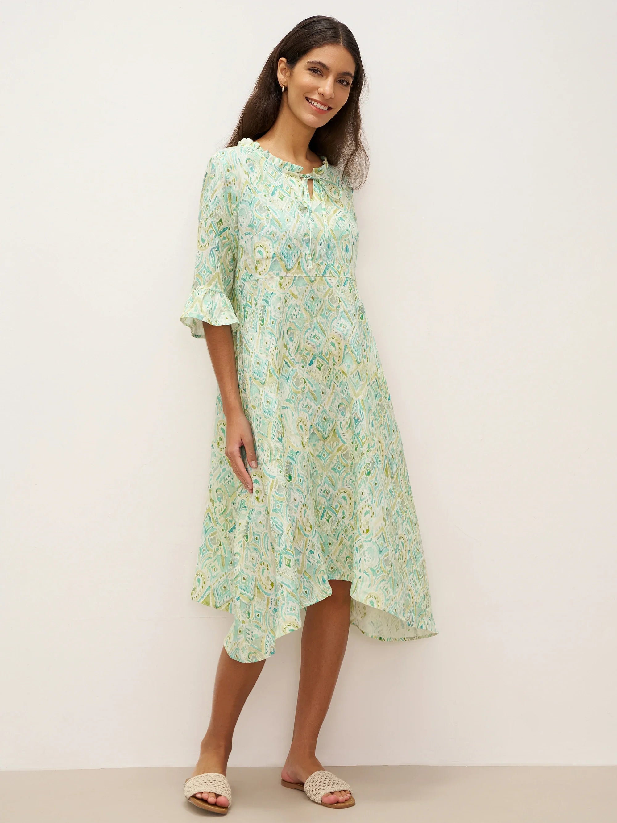 100% Linen A-Line Ruffled Collar Tie-Neck Midi Dress LIVIA - DRESSES-Linen