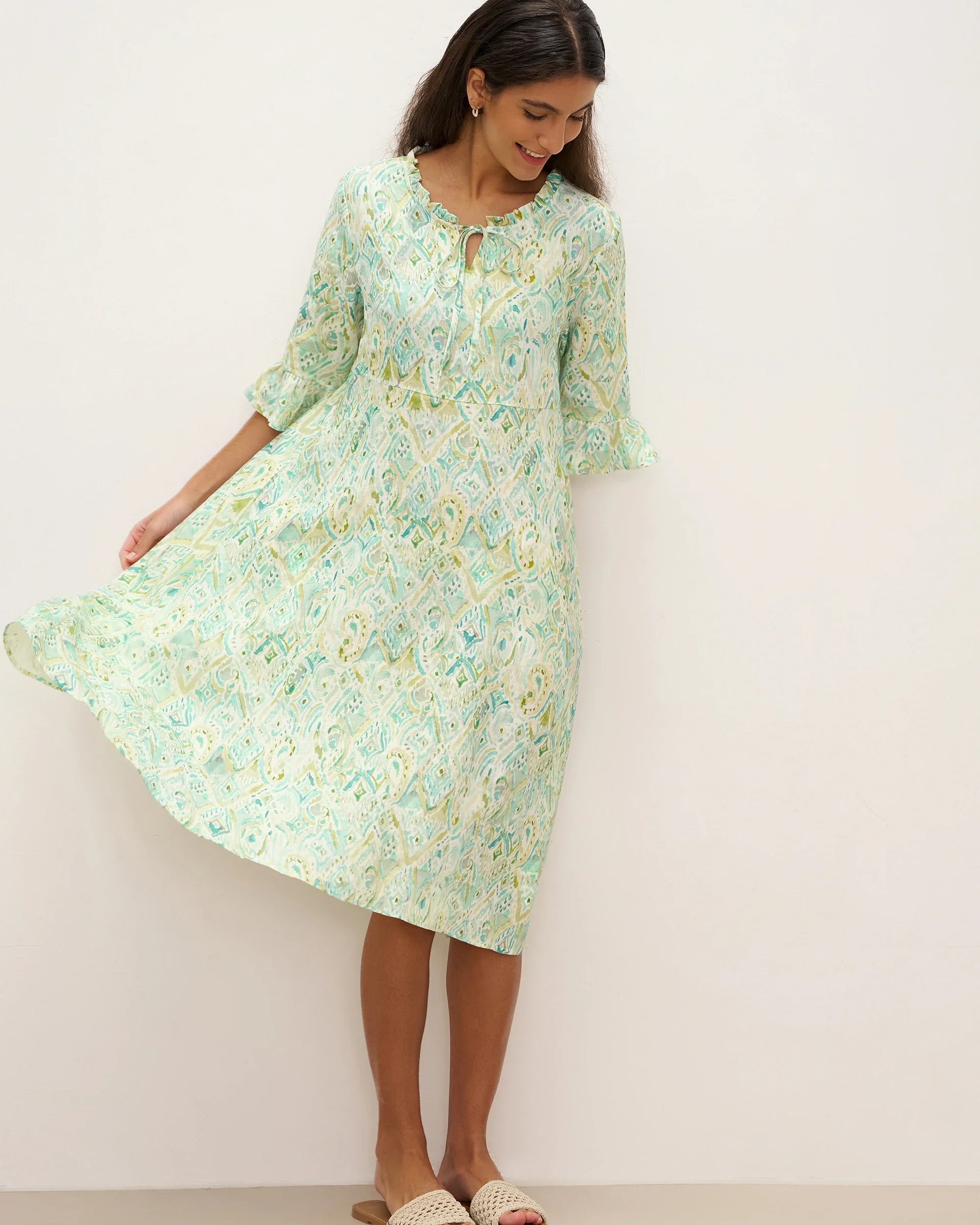 100% Linen A-Line Ruffled Collar Tie-Neck Midi Dress LIVIA - DRESSES-Linen