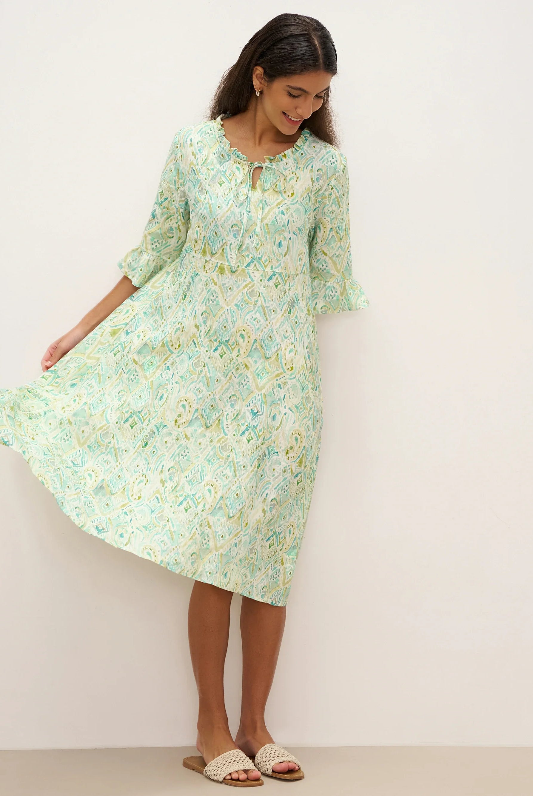 100% Linen A-Line Ruffled Collar Tie-Neck Midi Dress LIVIA - DRESSES-Linen