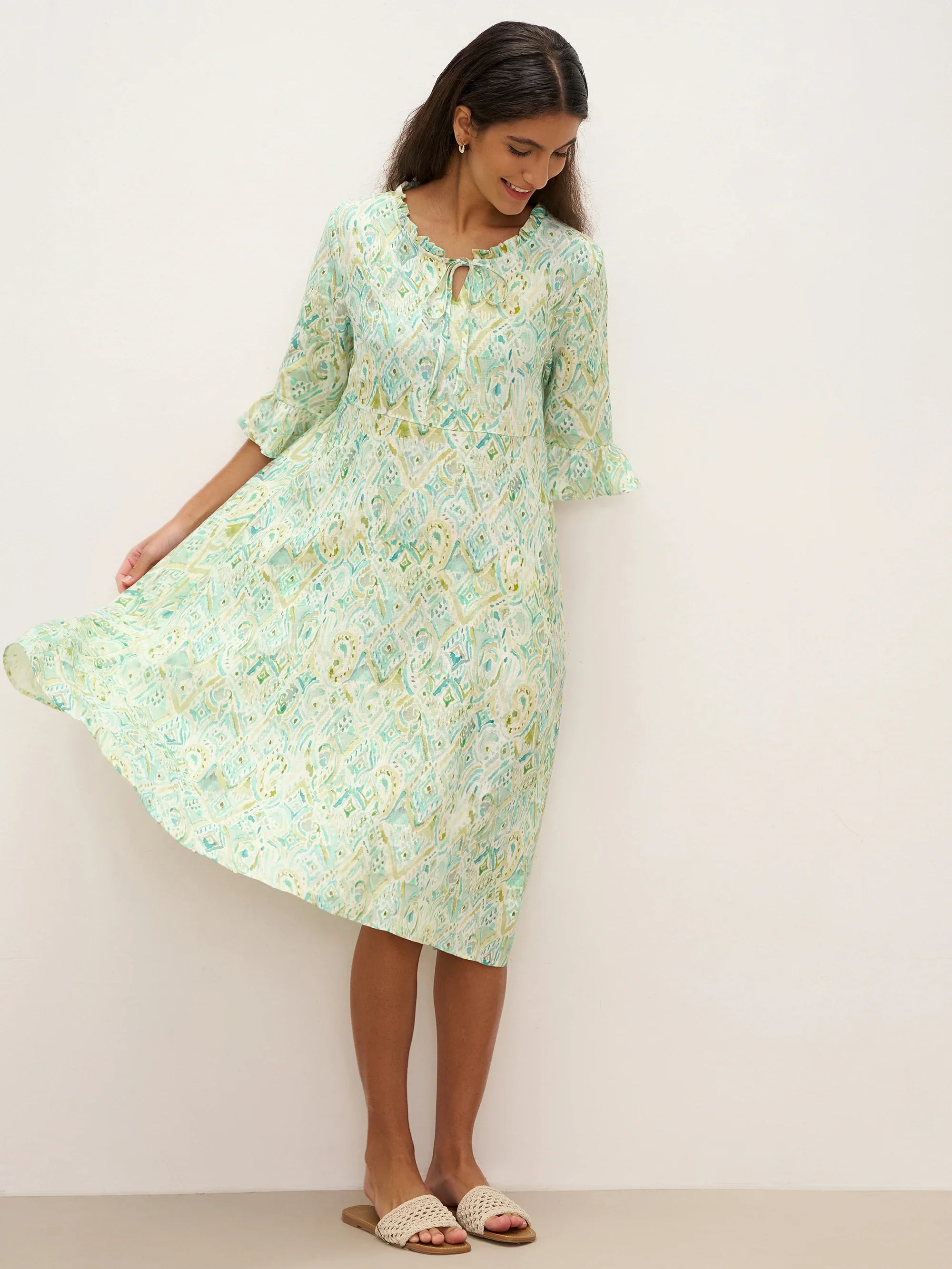 100% Linen A-Line Ruffled Collar Tie-Neck Midi Dress LIVIA - DRESSES-Linen