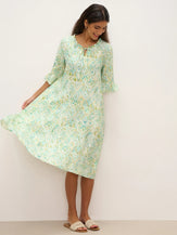 100% Linen A-Line Ruffled Collar Tie-Neck Midi Dress LIVIA - DRESSES-Linen