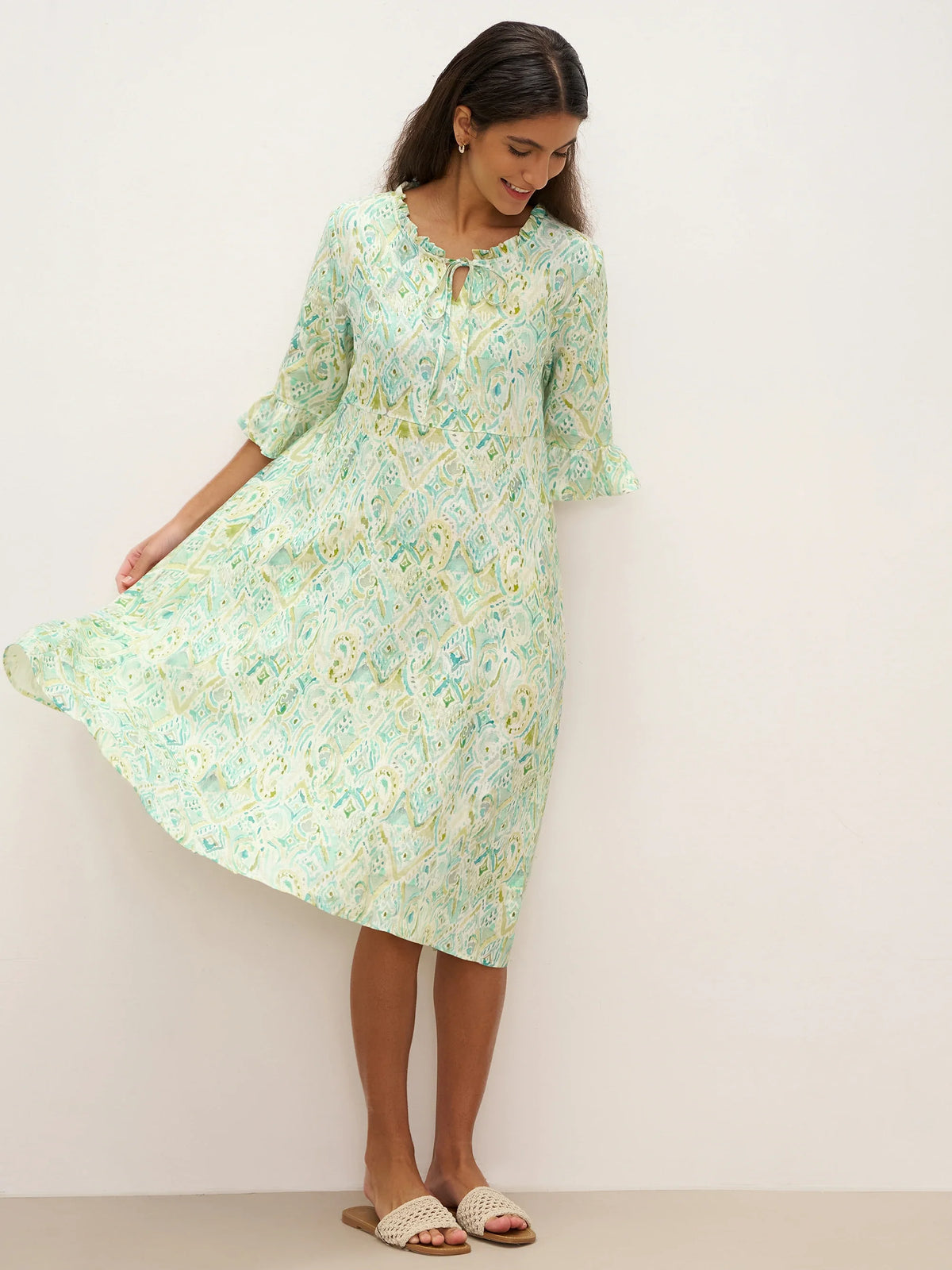 100% Linen A-Line Ruffled Collar Tie-Neck Midi Dress LIVIA - DRESSES-Linen