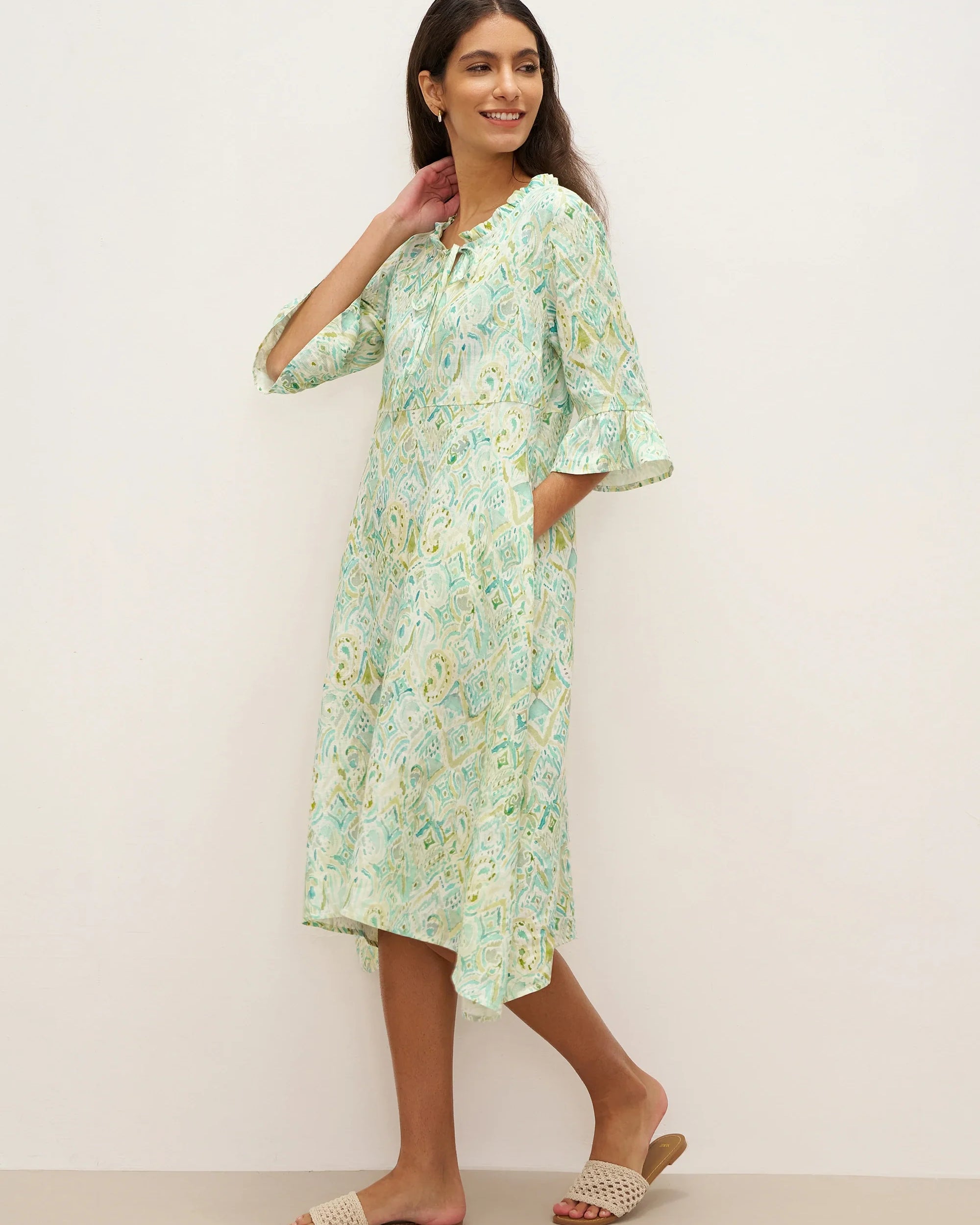 100% Linen A-Line Ruffled Collar Tie-Neck Midi Dress LIVIA - DRESSES-Linen