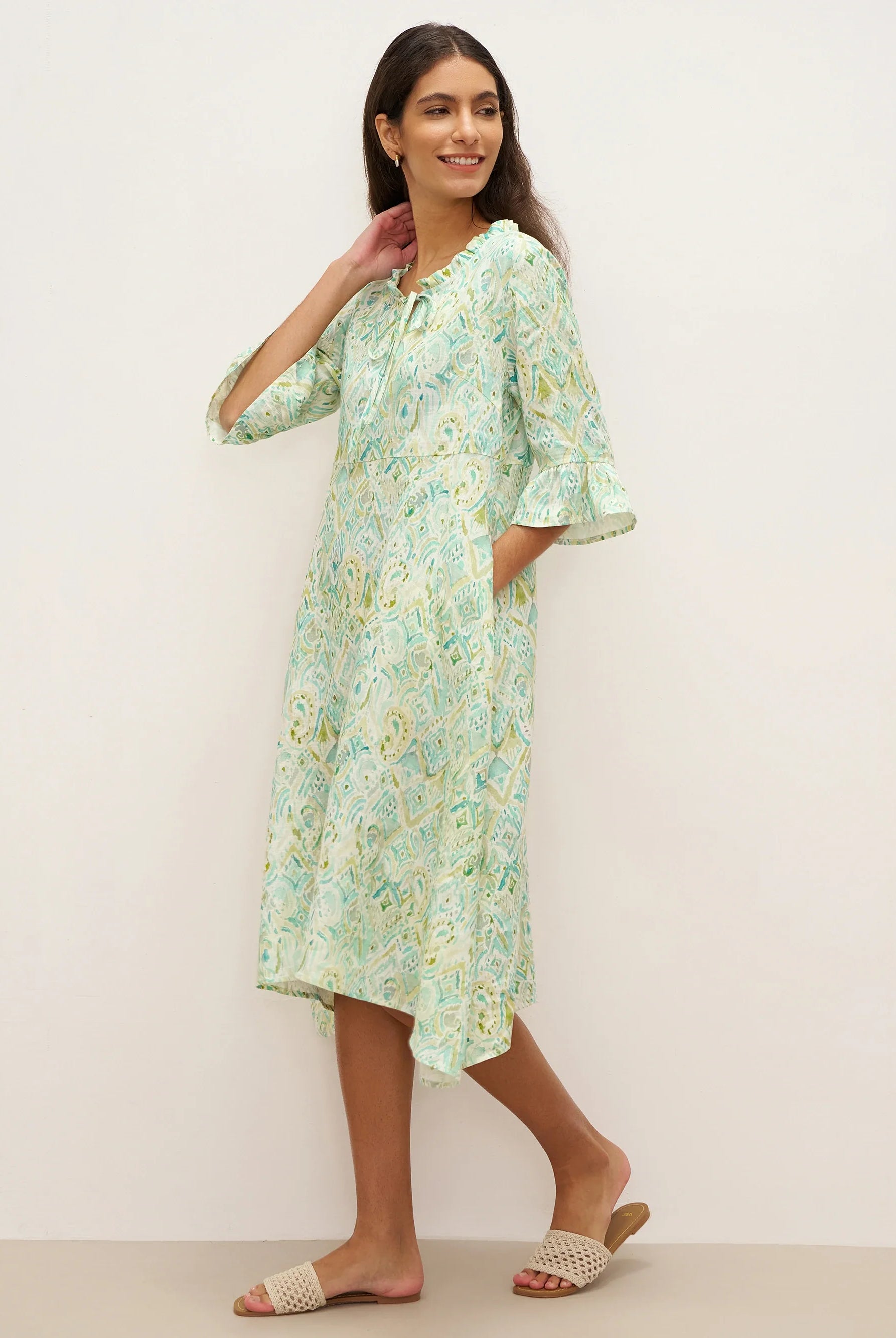 100% Linen A-Line Ruffled Collar Tie-Neck Midi Dress LIVIA - DRESSES-Linen