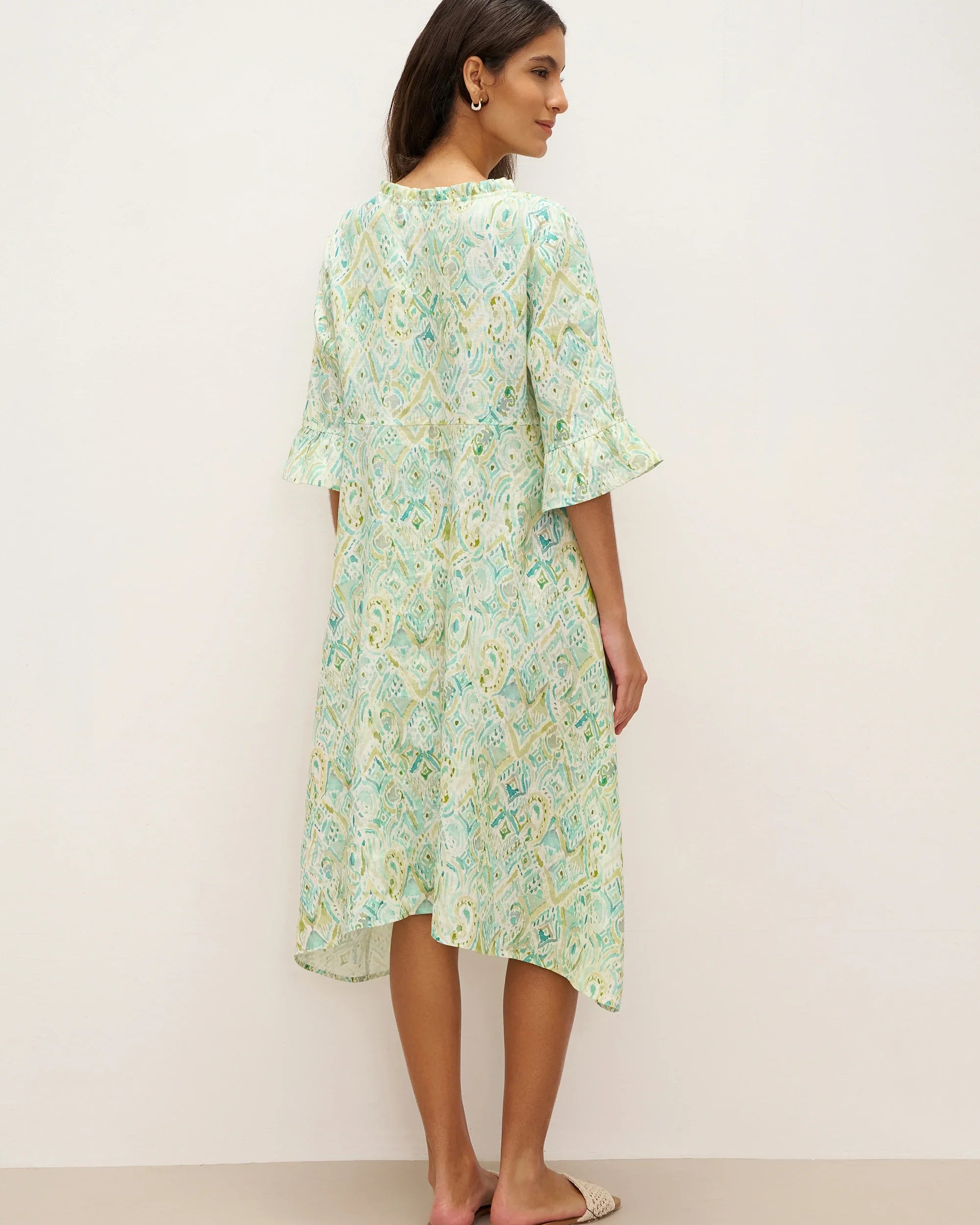 100% Linen A-Line Ruffled Collar Tie-Neck Midi Dress LIVIA - DRESSES-Linen