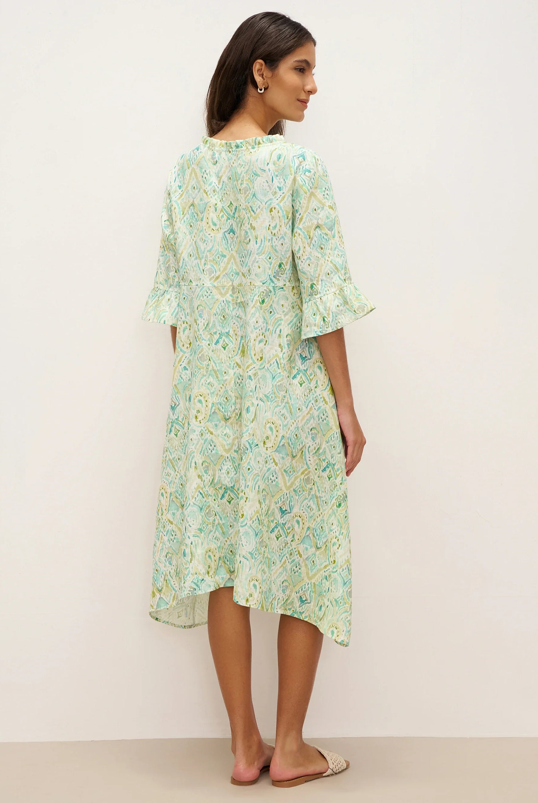 100% Linen A-Line Ruffled Collar Tie-Neck Midi Dress LIVIA - DRESSES-Linen