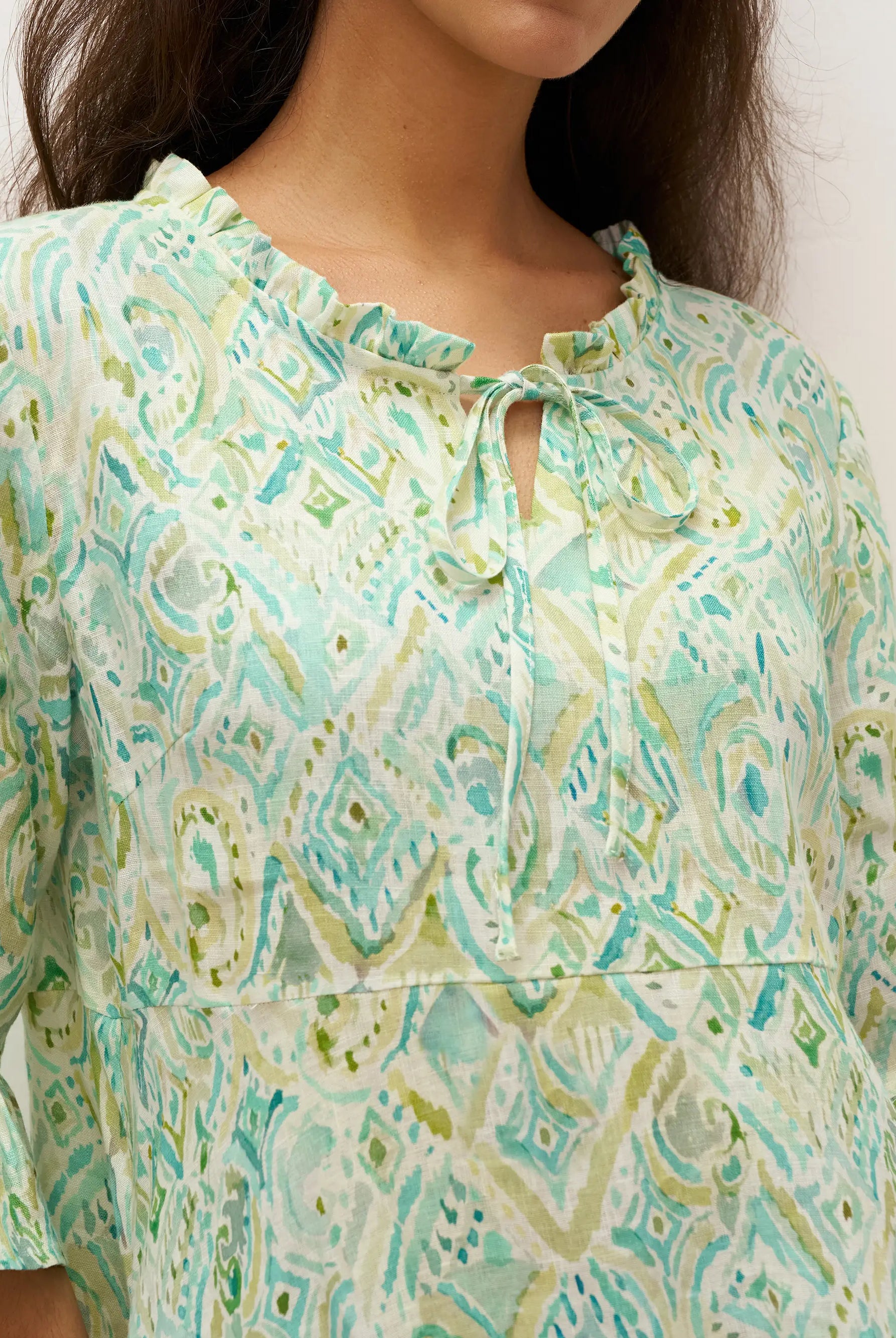 100% Linen A-Line Ruffled Collar Tie-Neck Midi Dress LIVIA - DRESSES-Linen