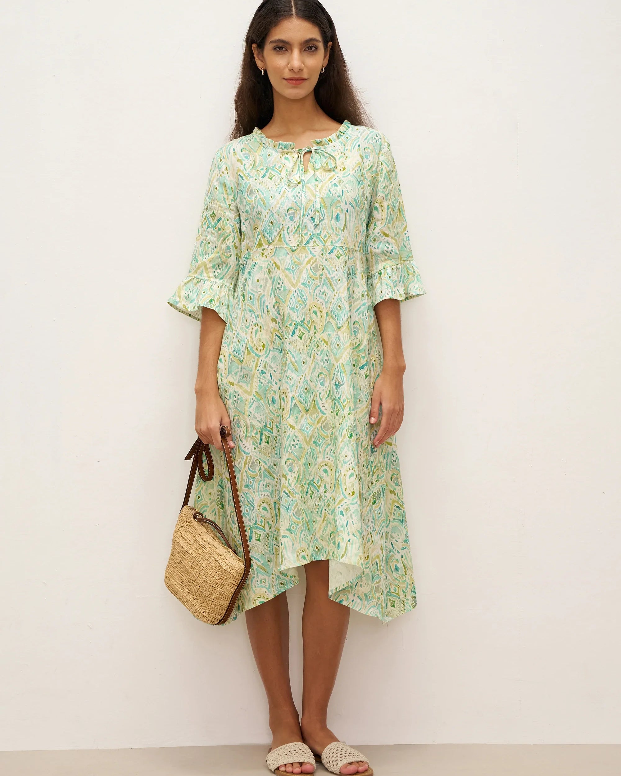 100% Linen A-Line Ruffled Collar Tie-Neck Midi Dress LIVIA - DRESSES-Linen