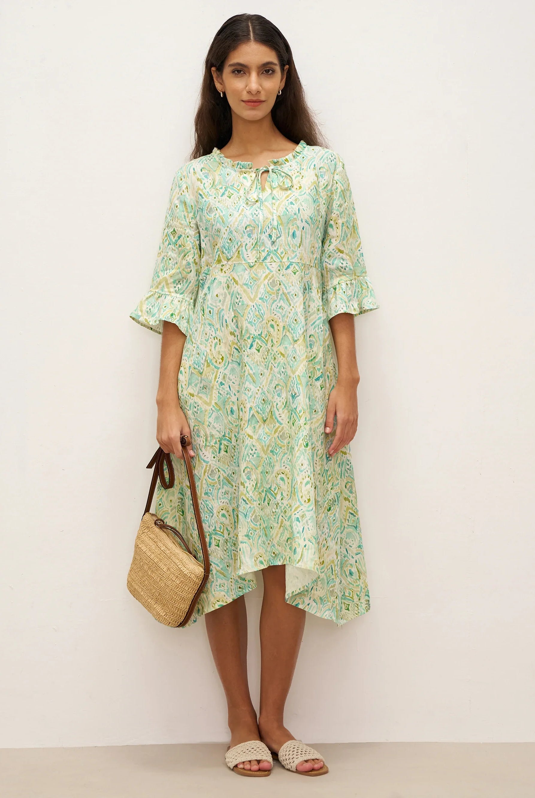 100% Linen A-Line Ruffled Collar Tie-Neck Midi Dress LIVIA - DRESSES-Linen