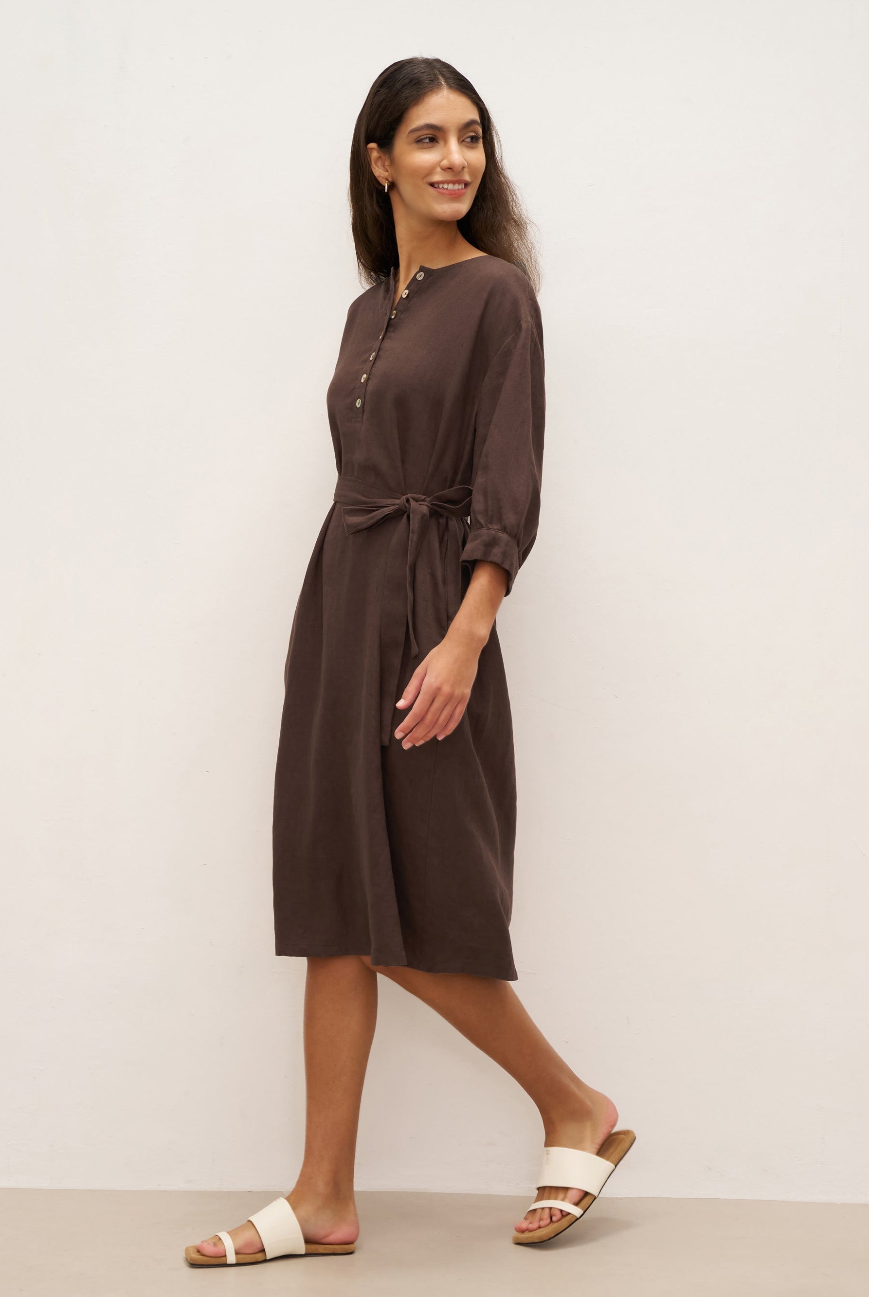 100% Linen Button Detail Midi Dress with Detachable Belt EIRA - DRESSES-Linen