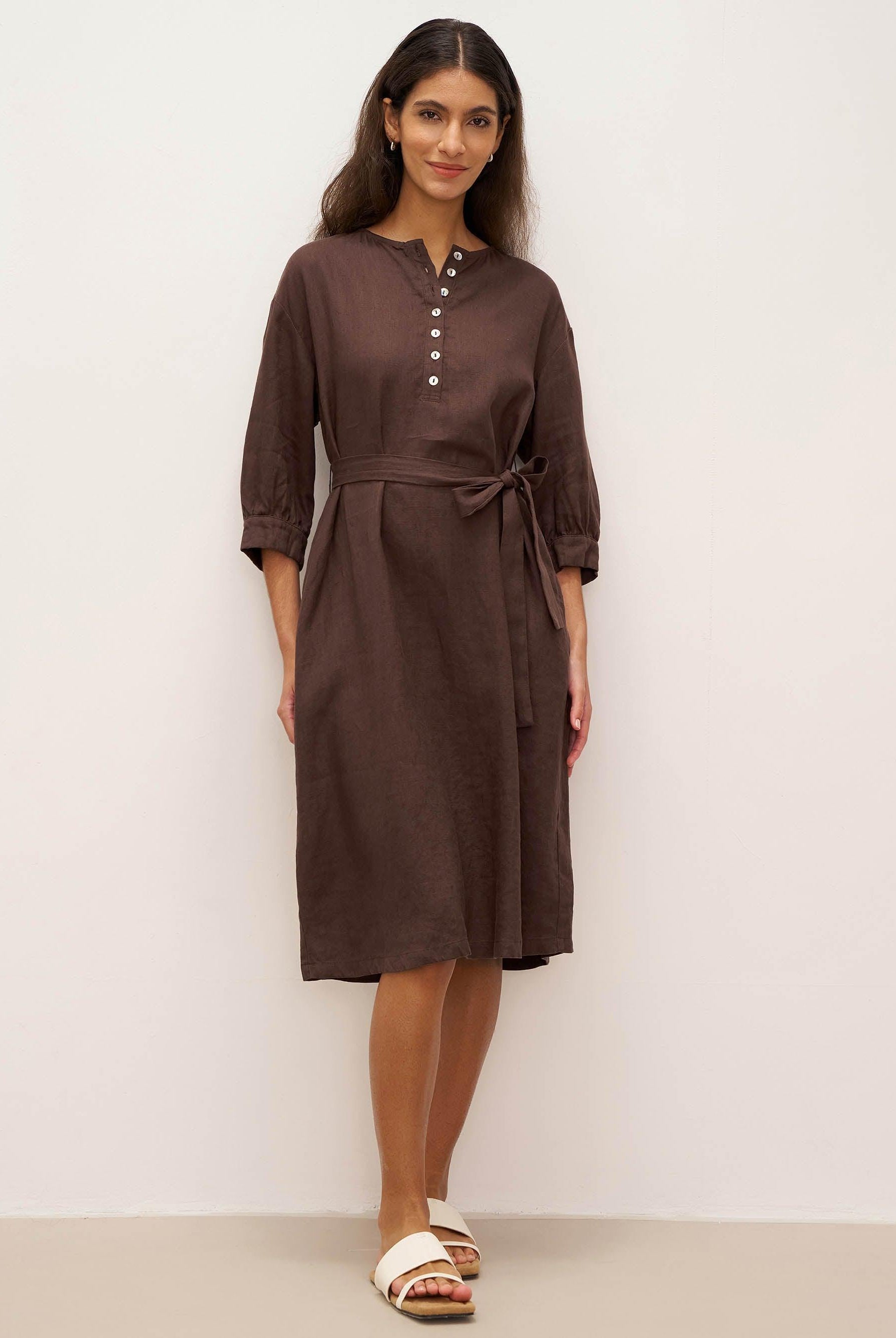 100% Linen Button Detail Midi Dress with Detachable Belt EIRA - Chicory Coffee / S - DRESSES-Linen