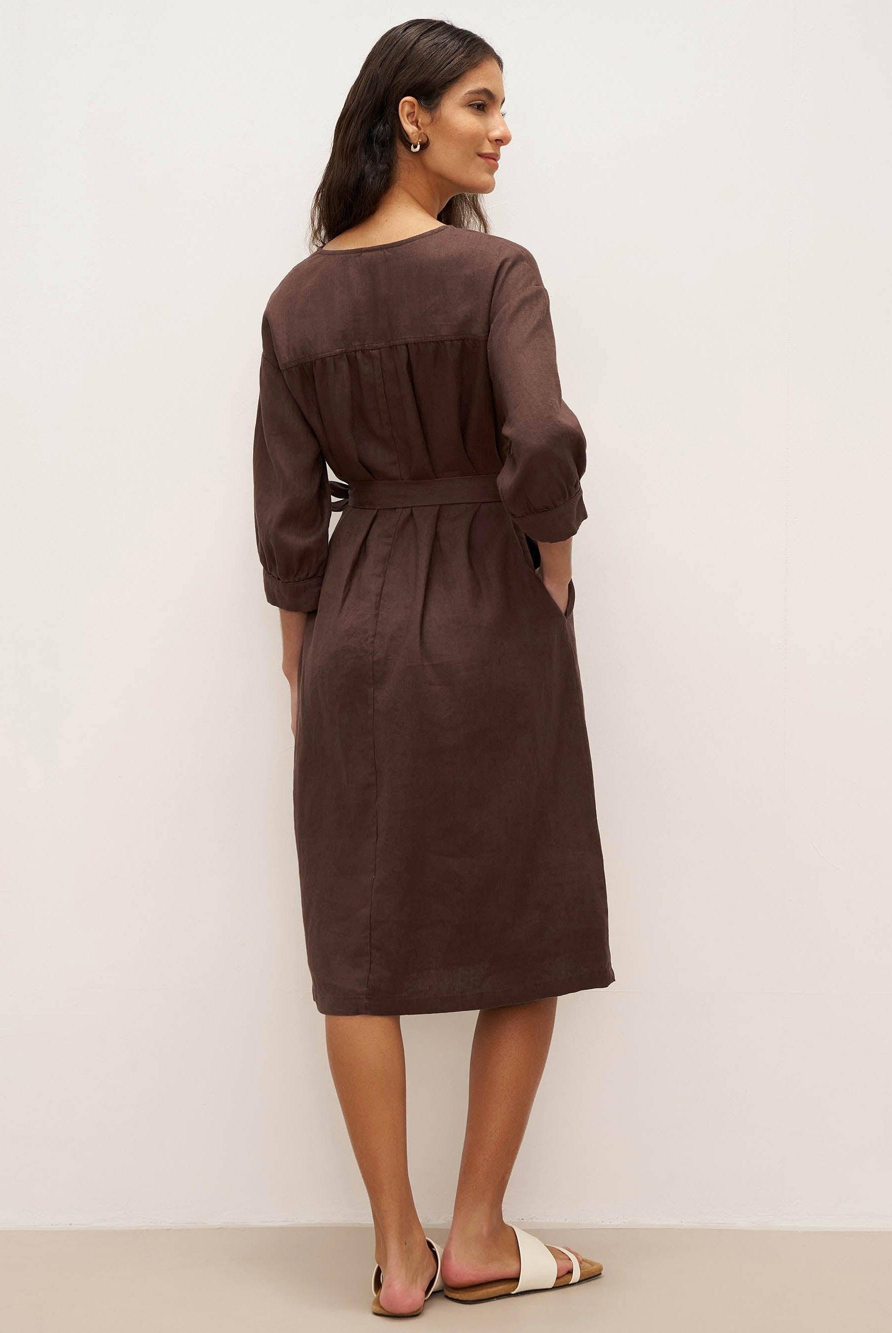100% Linen Button Detail Midi Dress with Detachable Belt EIRA - DRESSES-Linen
