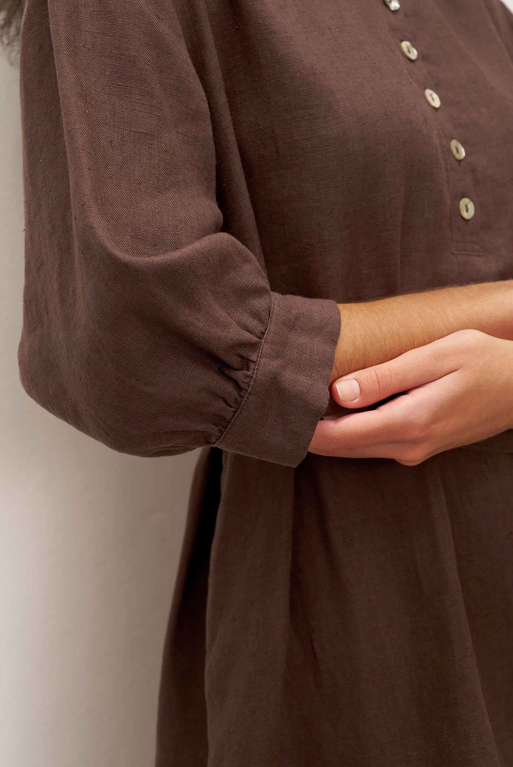 100% Linen Button Detail Midi Dress with Detachable Belt EIRA - DRESSES-Linen