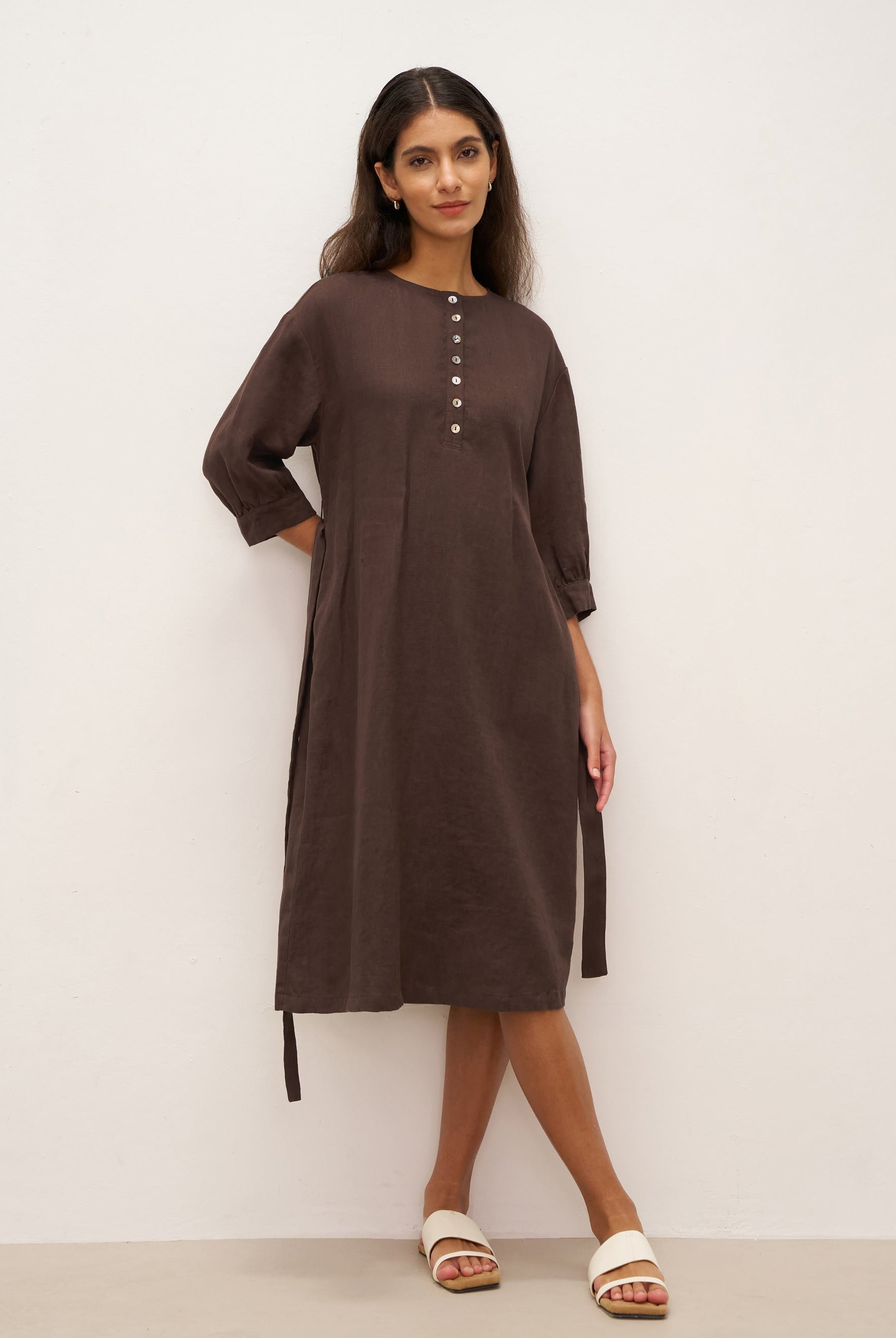 100% Linen Button Detail Midi Dress with Detachable Belt EIRA - DRESSES-Linen