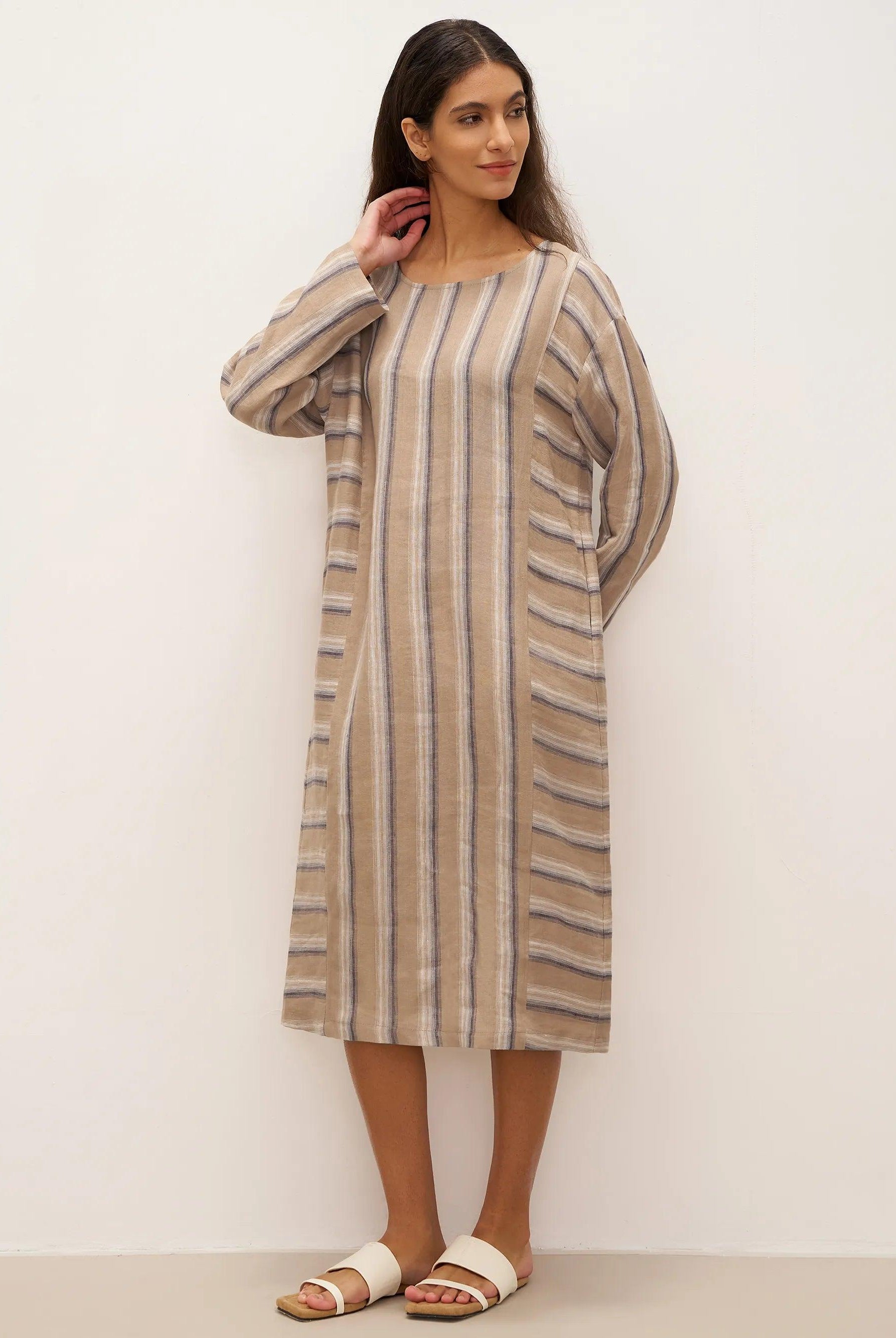 100% Linen Striped Crossweave Midi Dress ELSPETH - DRESSES-Linen