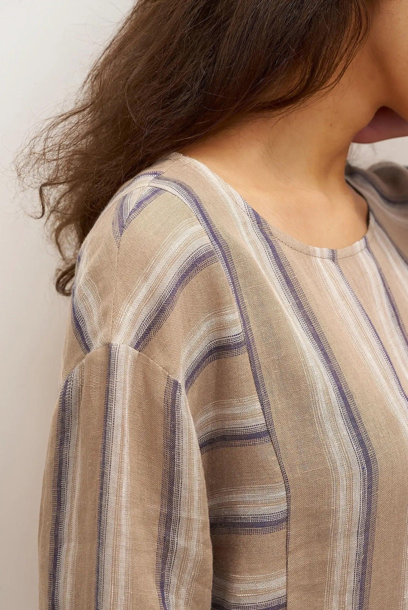 100% Linen Striped Crossweave Midi Dress ELSPETH - DRESSES-Linen