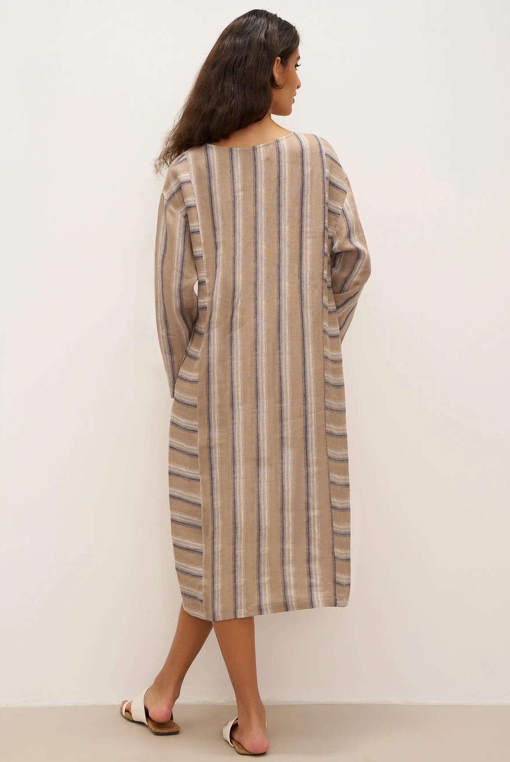 100% Linen Striped Crossweave Midi Dress ELSPETH - DRESSES-Linen