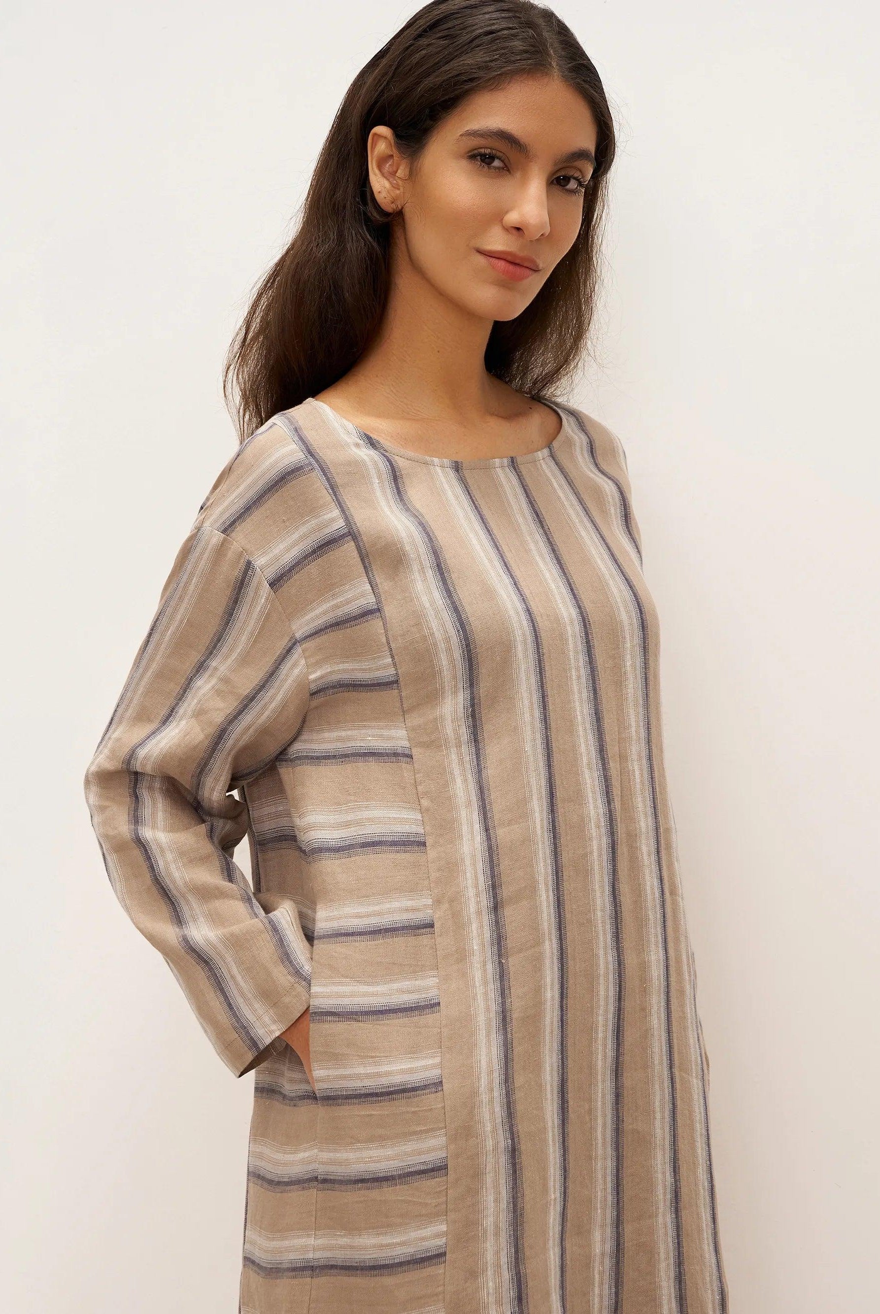 100% Linen Striped Crossweave Midi Dress ELSPETH - DRESSES-Linen