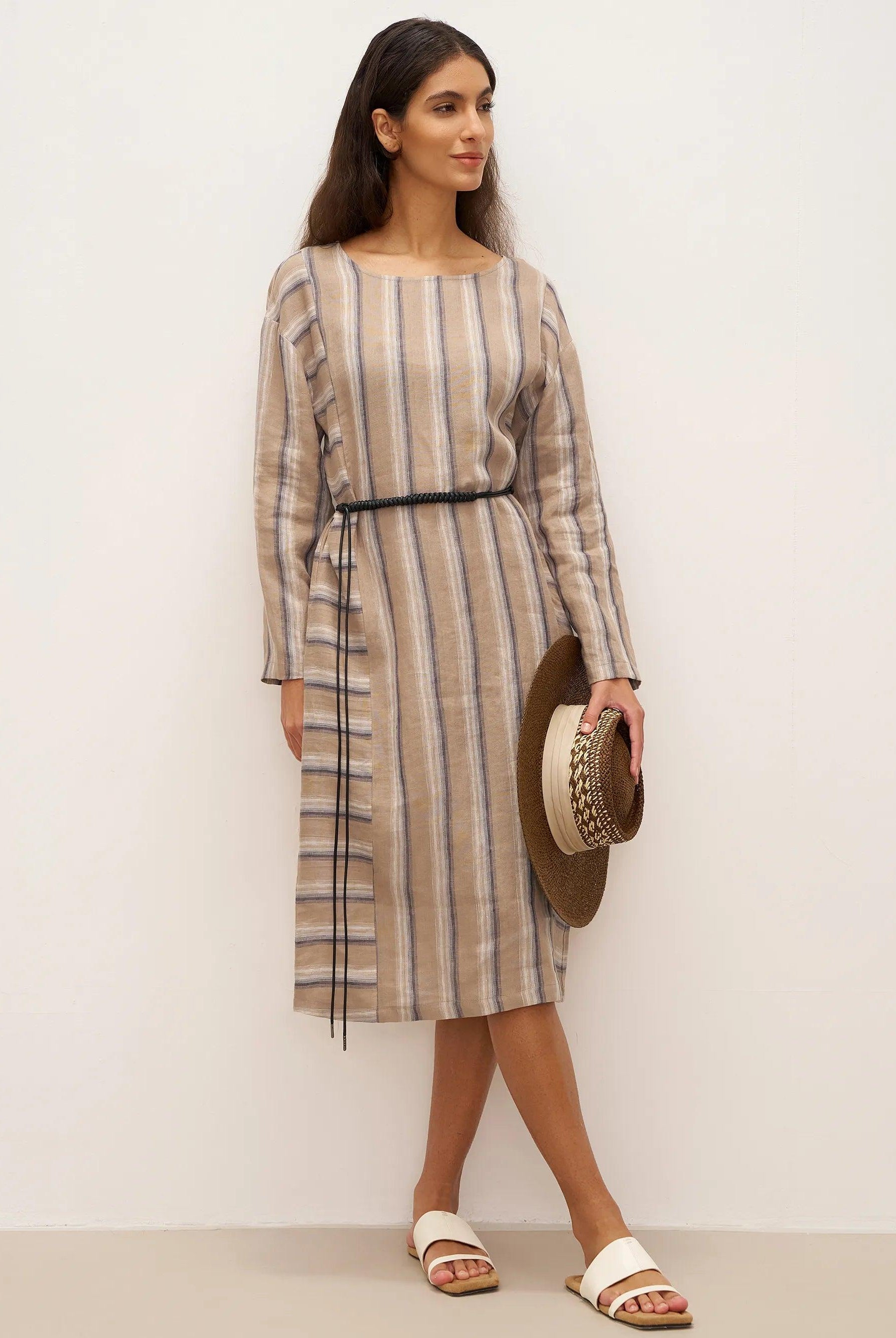 100% Linen Striped Crossweave Midi Dress ELSPETH - DRESSES-Linen