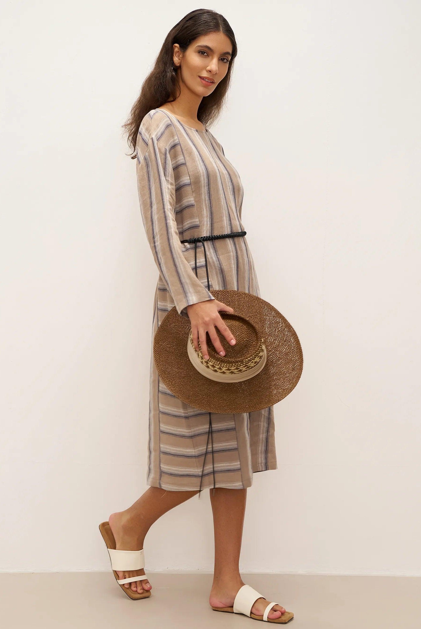 100% Linen Striped Crossweave Midi Dress ELSPETH - DRESSES-Linen