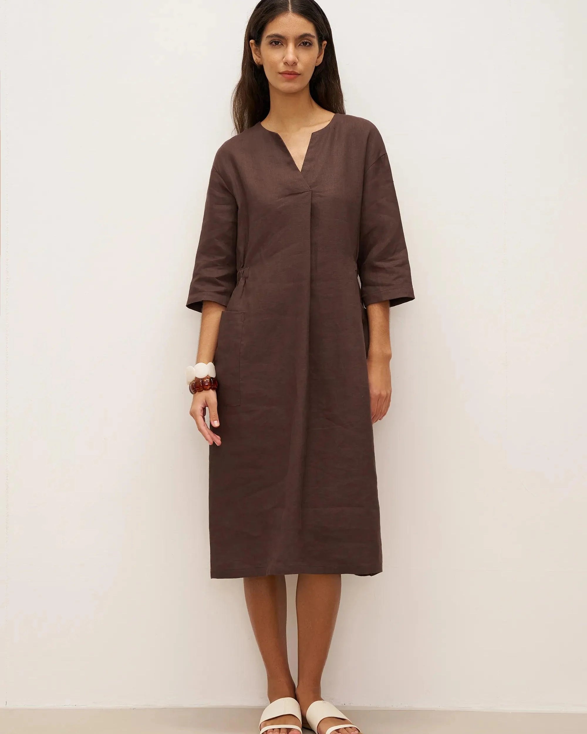 100% Linen Bell Pocket Midi Dress EVELINA - Chicory Coffee / S - DRESSES-Linen