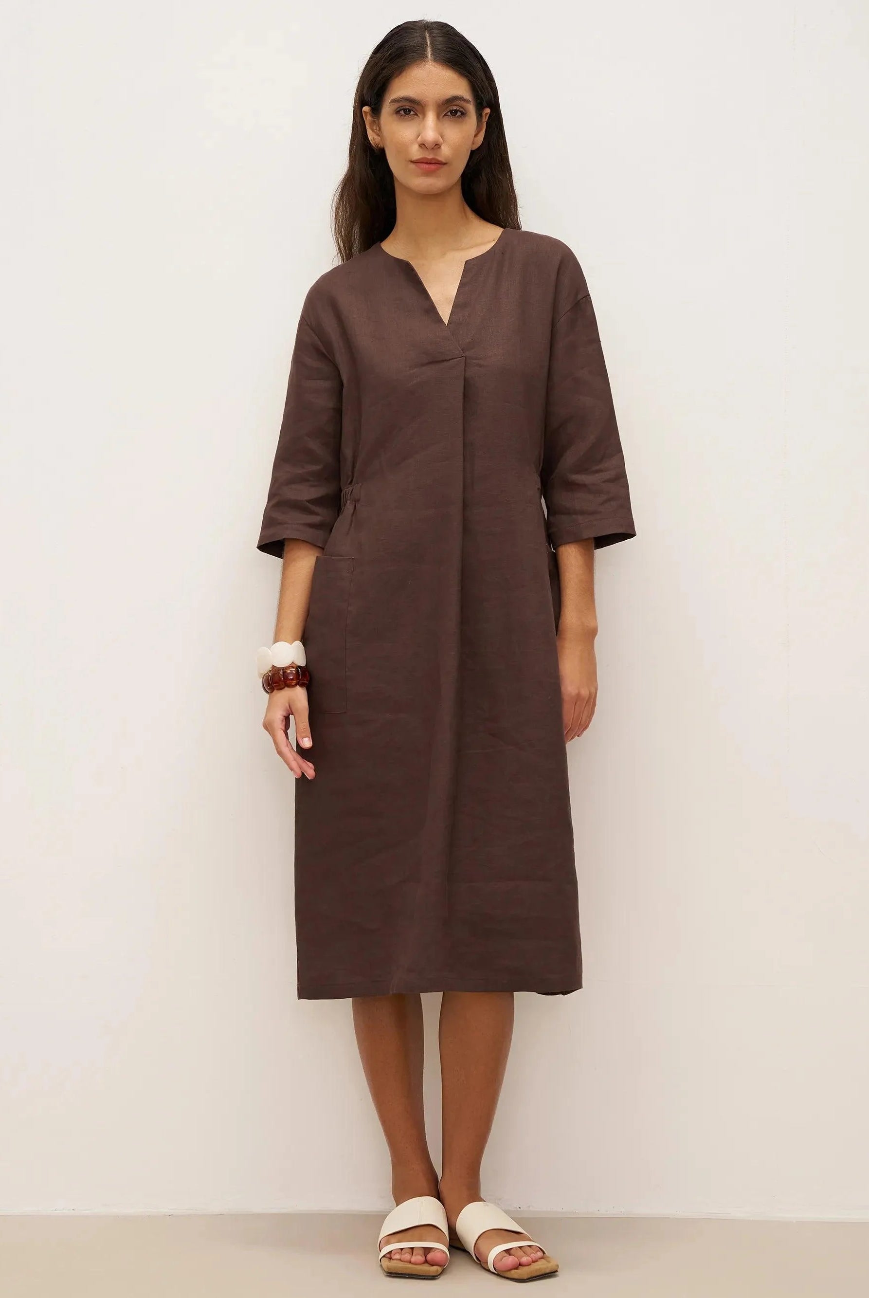 100% Linen Bell Pocket Midi Dress EVELINA - Chicory Coffee / S - DRESSES-Linen