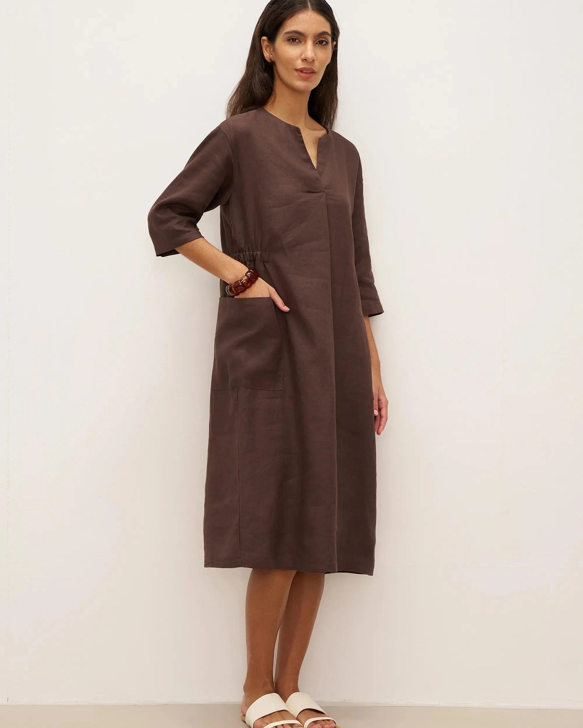 100% Linen Bell Pocket Midi Dress EVELINA - DRESSES-Linen