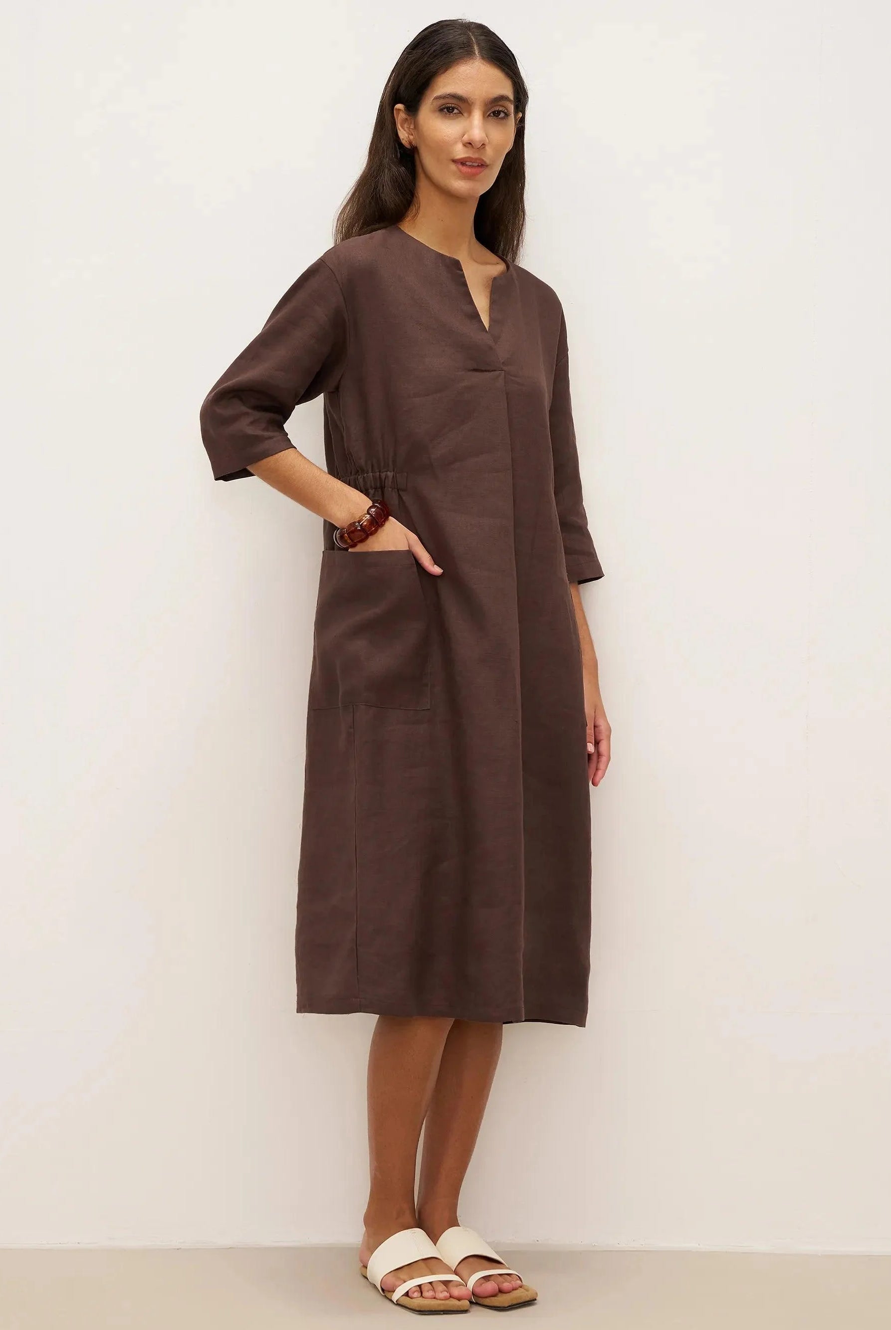 100% Linen Bell Pocket Midi Dress EVELINA - DRESSES-Linen