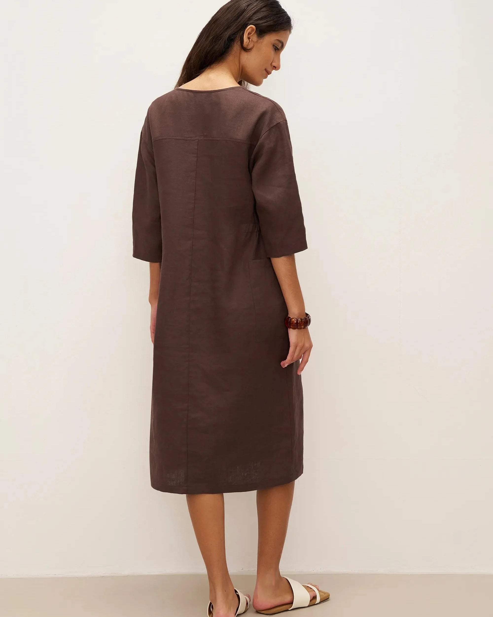 100% Linen Bell Pocket Midi Dress EVELINA - DRESSES-Linen
