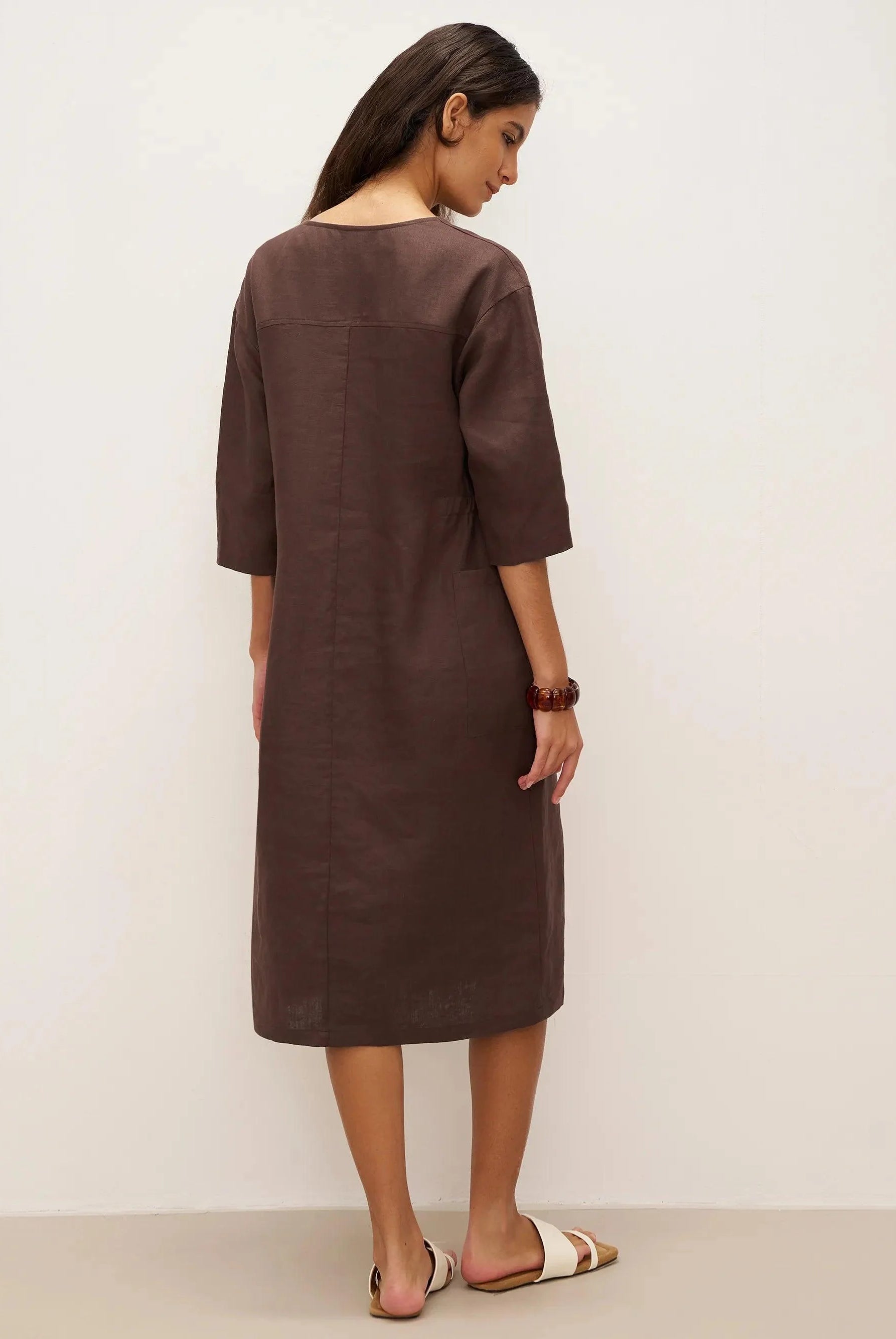 100% Linen Bell Pocket Midi Dress EVELINA - DRESSES-Linen